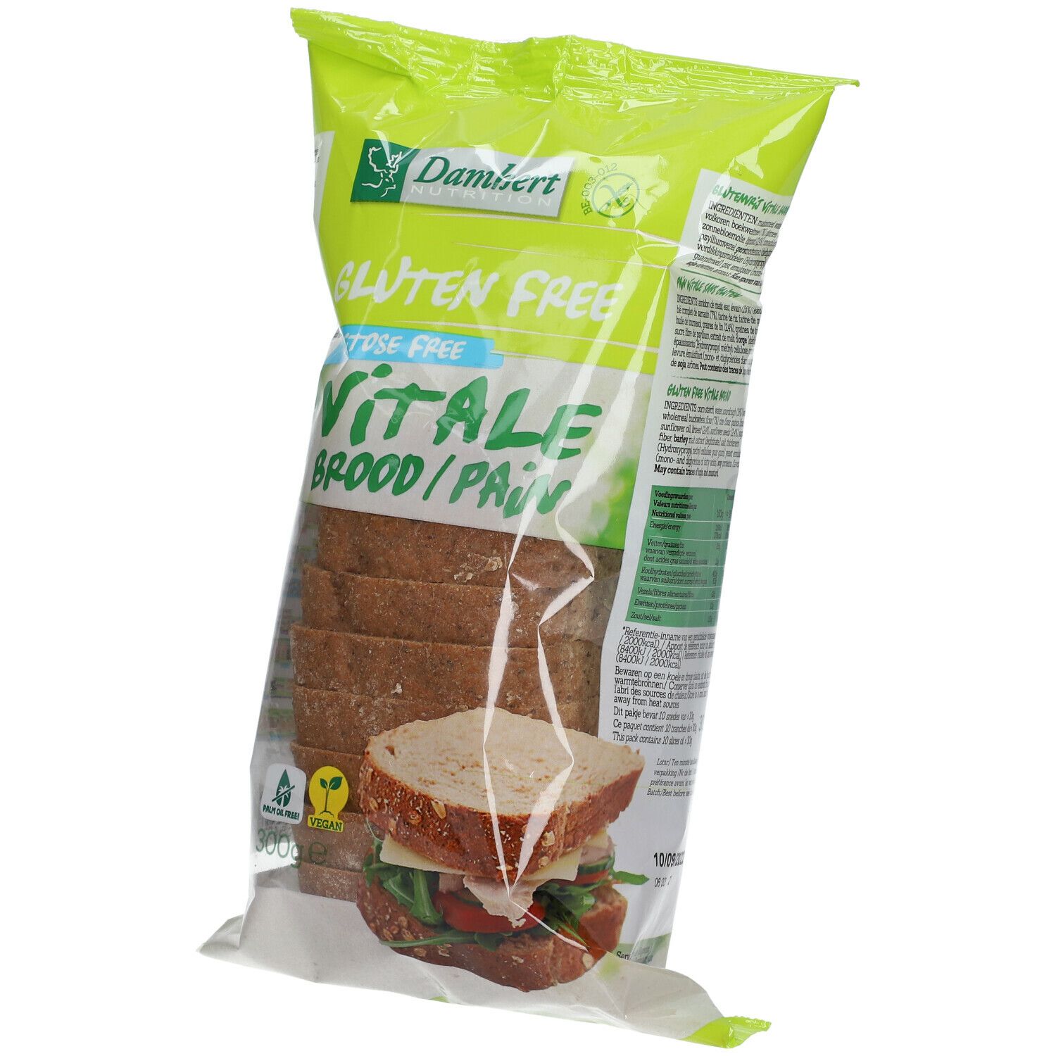 Verpakking met gesneden brood. Opschrift: Glutenvrij, Lactosevrij, Vitale Brood/Pain. Merk: Damhert.