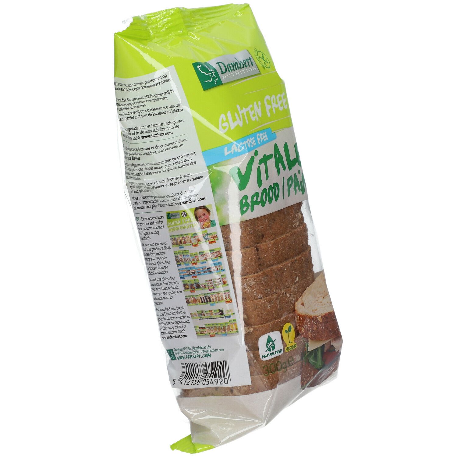 Verpakking met gesneden brood. Opschrift: Glutenvrij, Lactosevrij, Vitale Brood/Pain. Merk: Damhert. Tekst op de achterkant.