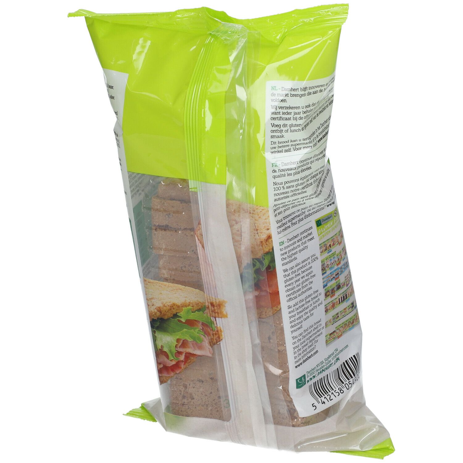 Verpakking met gesneden brood. Opschrift: Glutenvrij, Lactosevrij, Vitale Brood/Pain. Merk: Damhert. Tekst op de achterkant.