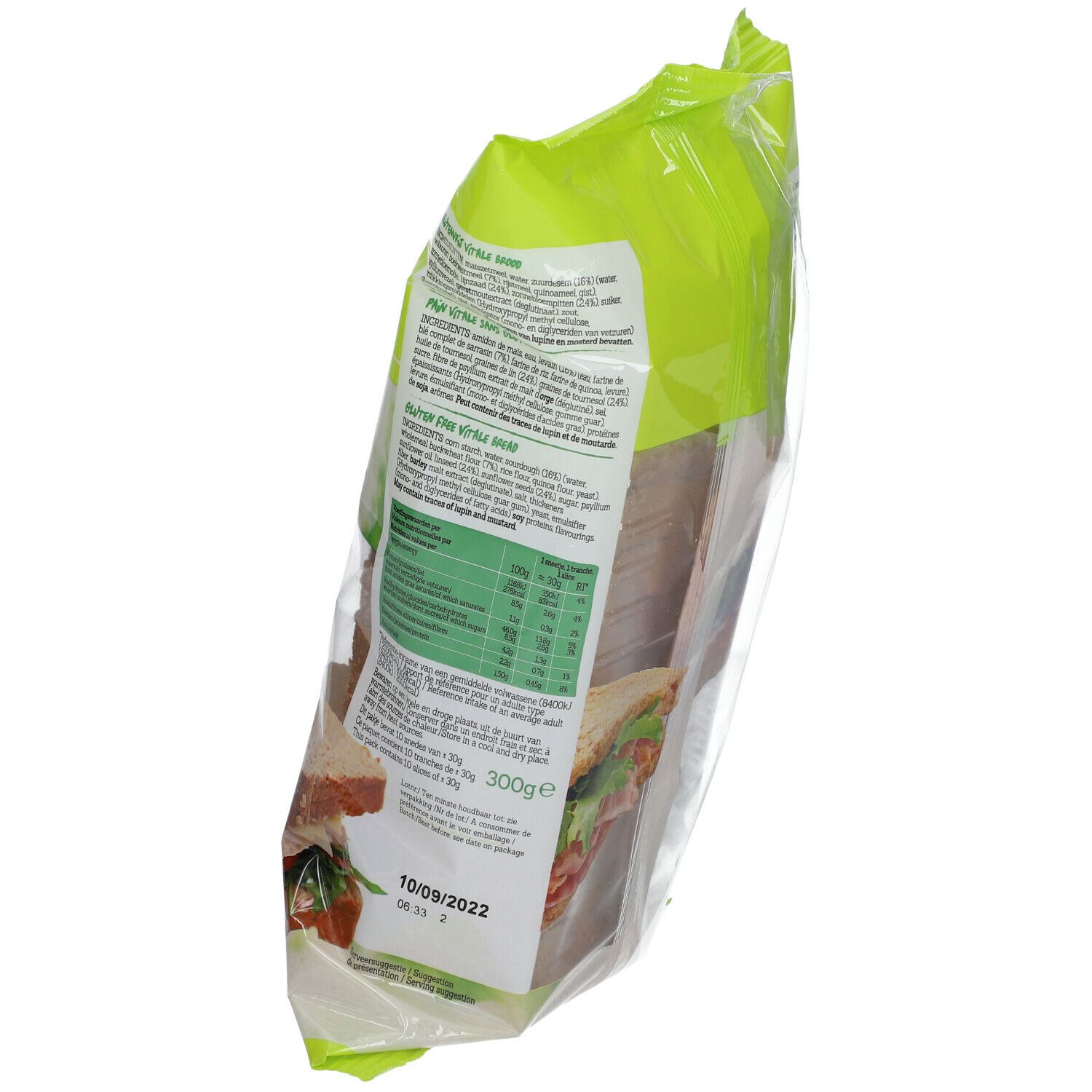 Verpakking met gesneden brood. Opschrift: Glutenvrij, Lactosevrij, Vitale Brood/Pain. Merk: Damhert. Tekst op de achterkant.