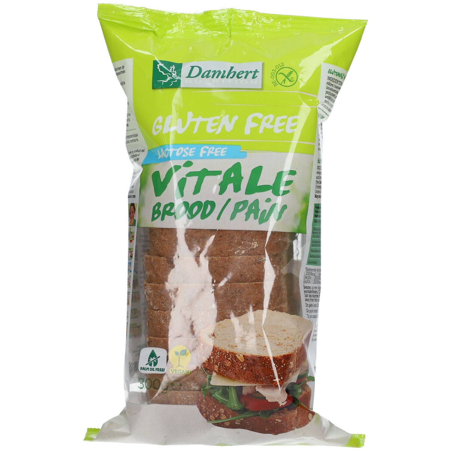 Verpakking met gesneden brood. Opschrift: Glutenvrij, Lactosevrij, Vitale Brood/Pain. Merk: Damhert.