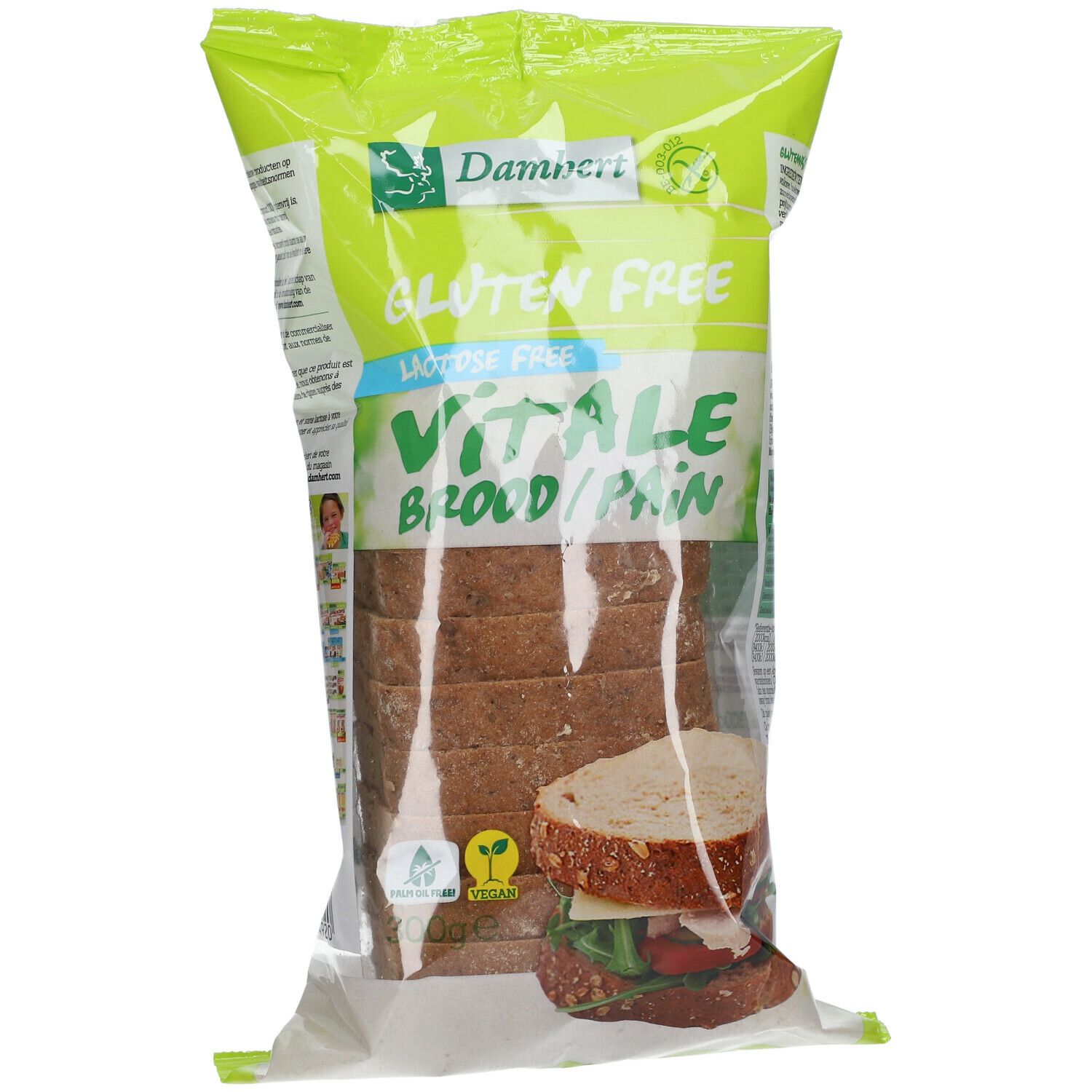 Verpakking met gesneden brood. Opschrift: Glutenvrij, Lactosevrij, Vitale Brood/Pain. Merk: Damhert.