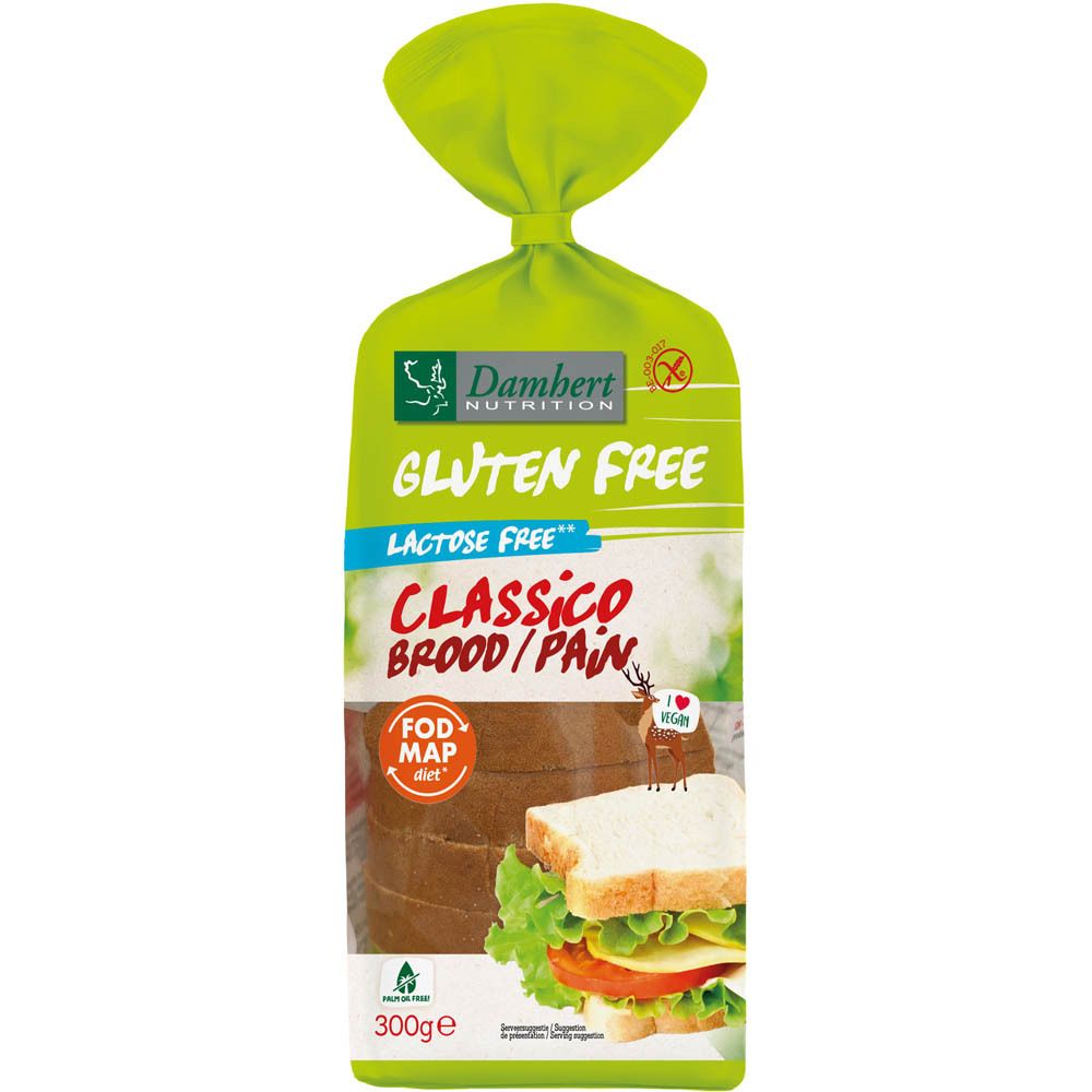 Verpakking met glutenvrij brood. Opschrift: Classico, Gluten Free, Lactose Free. FODMAP dieet logo.