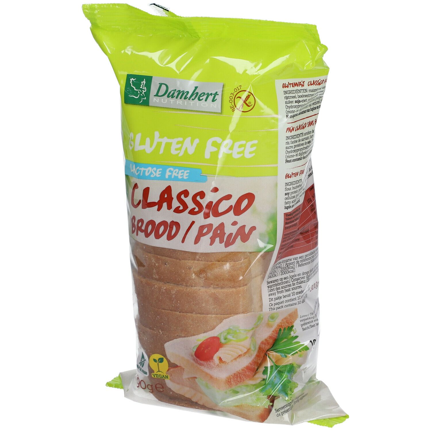 Verpakking met glutenvrij brood. Opschrift: Classico, Gluten Free, Lactose Free. Gesneden broodschijven zichtbaar.