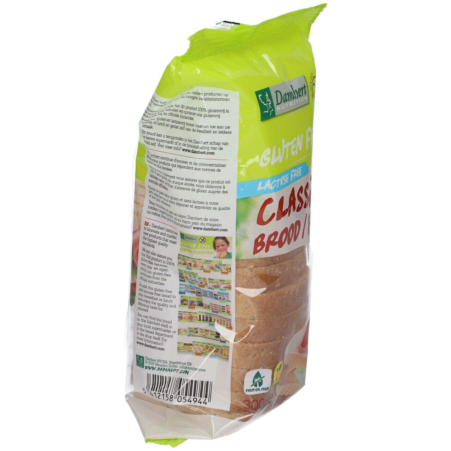 Verpakking met glutenvrij brood. Opschrift: Classico, Gluten Free, Lactose Free. Achterkant met tekst en logo.