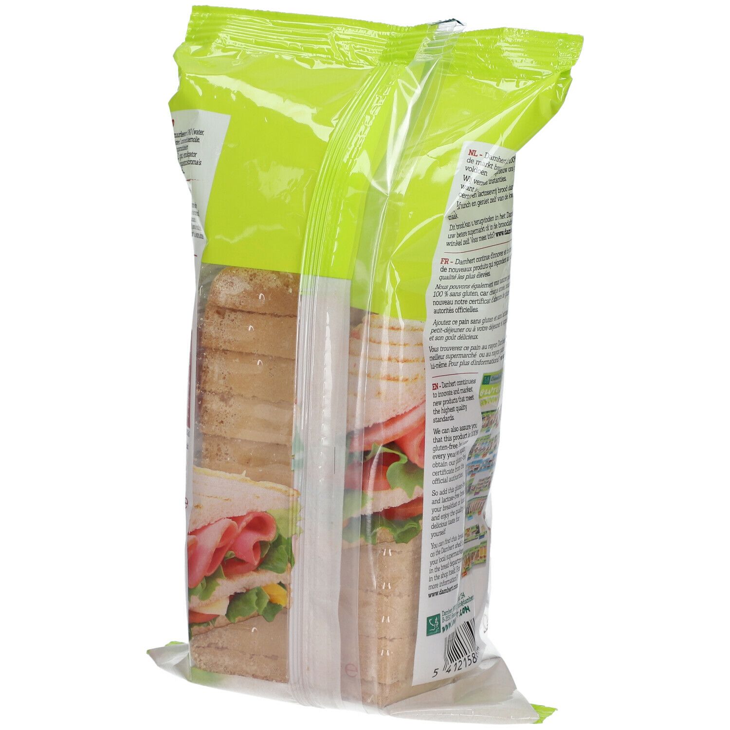 Verpakking met glutenvrij brood. Opschrift: Classico, Gluten Free, Lactose Free. Zijaanzicht met broodschijven.