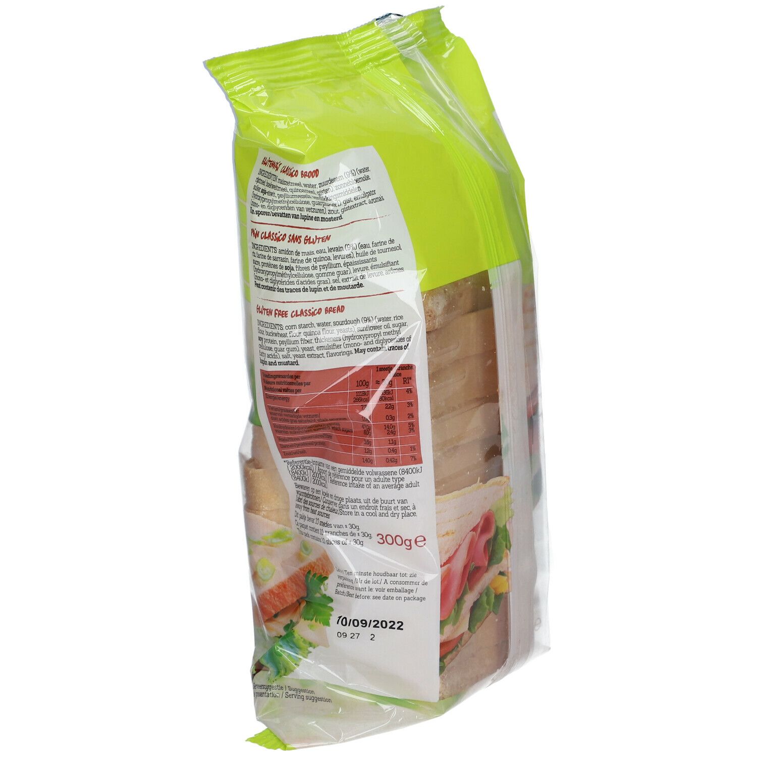 Verpakking met glutenvrij brood. Opschrift: Classico, Gluten Free, Lactose Free. Datumstempel. Achterkant met tekst.