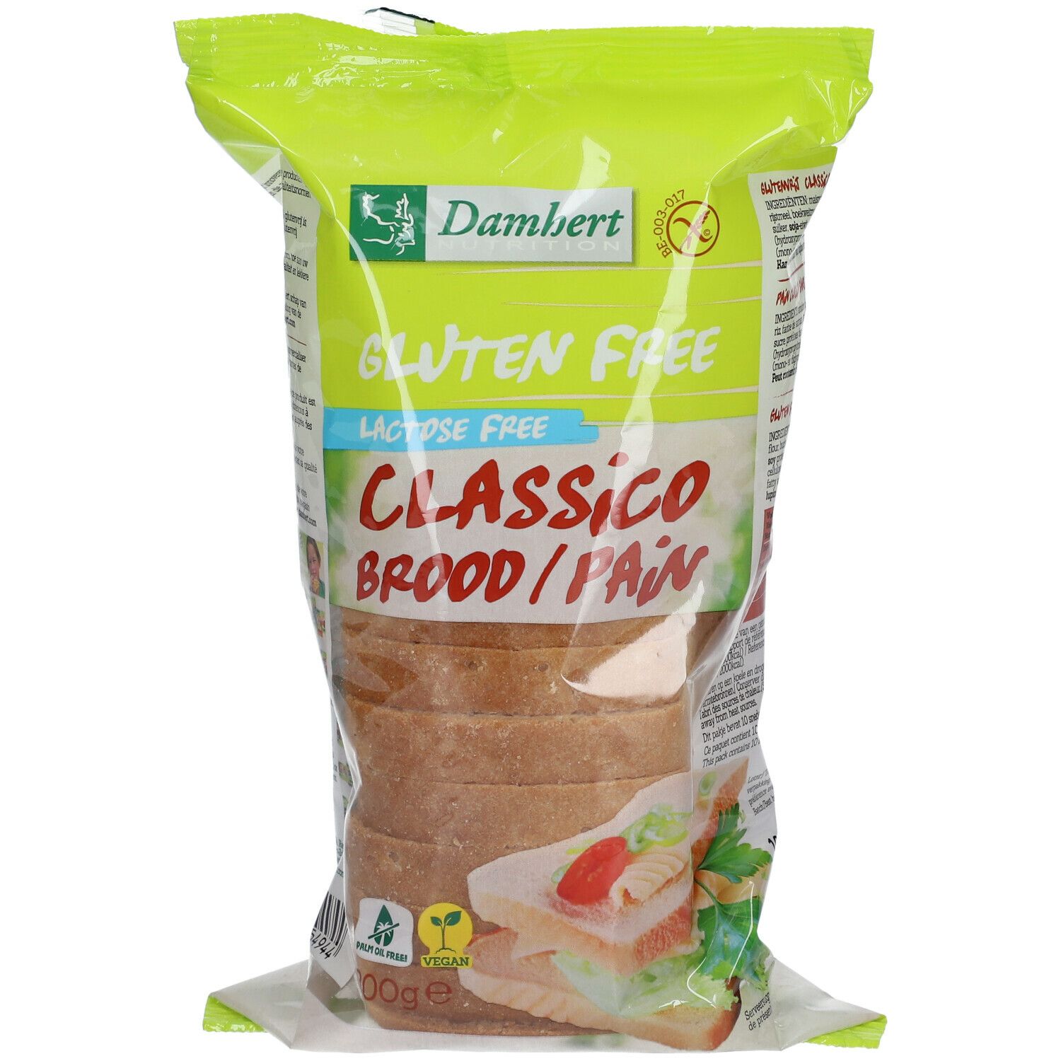 Verpakking met glutenvrij brood. Opschrift: Classico, Gluten Free, Lactose Free. Zichtbare broodschijven.
