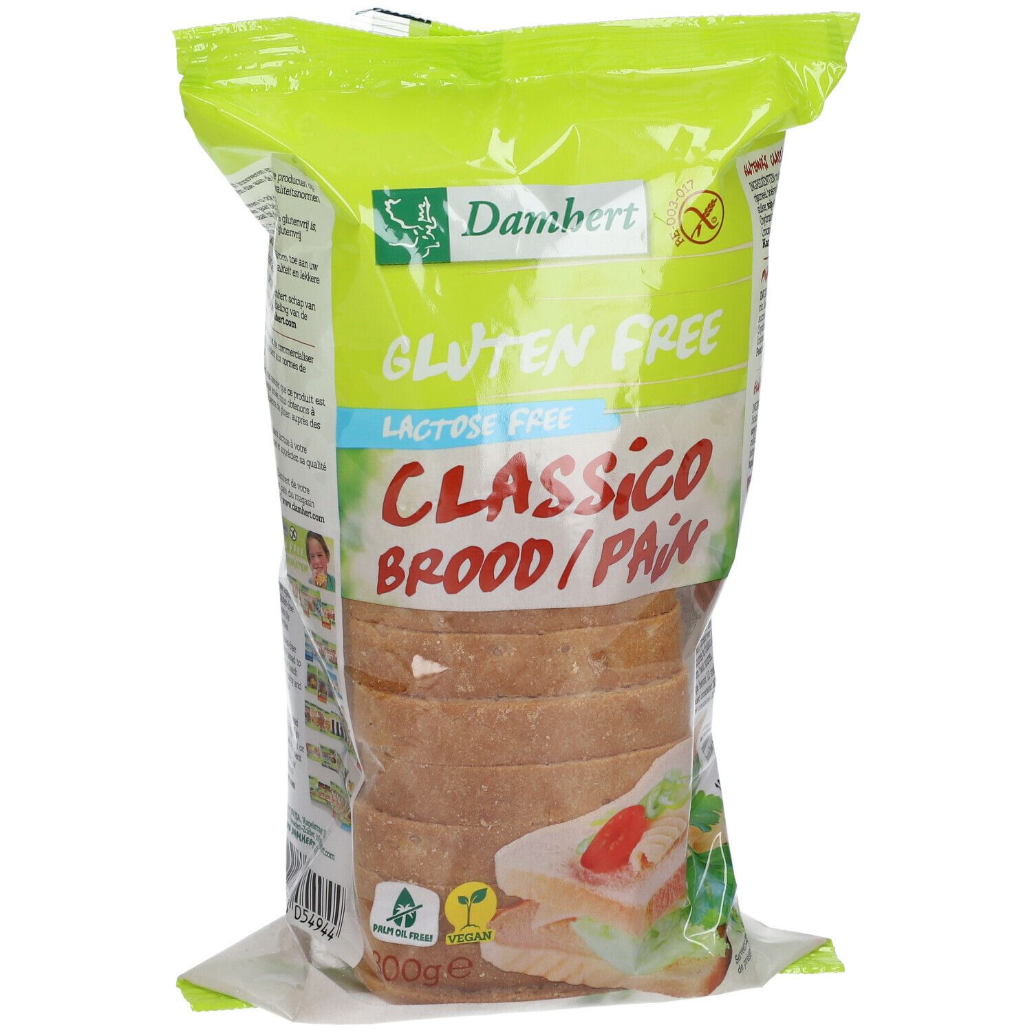 Verpakking met glutenvrij brood. Opschrift: Classico, Gluten Free, Lactose Free. Zichtbare broodschijven.