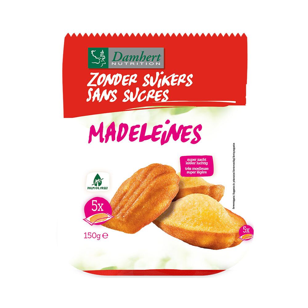 Verpackung mit Madeleines. Aufschrift: Damhert Nutrition, Zonder Suikers, Sans Sucres. 150g. Palmölfrei. 5 Stück.