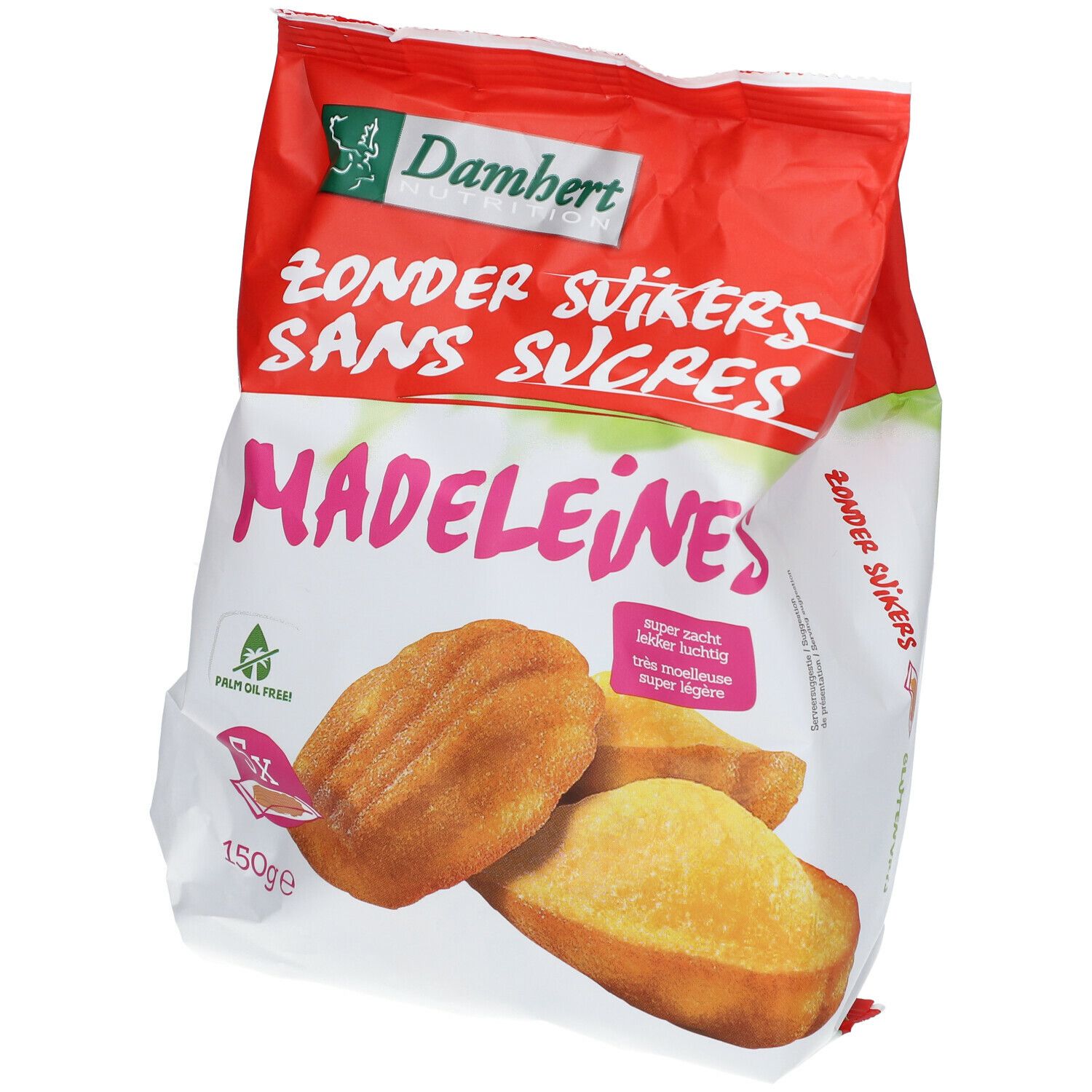Verpackung mit Madeleines. Aufschrift: Damhert, Zonder Suikers, Sans Sucres. 150g. Palmölfrei.