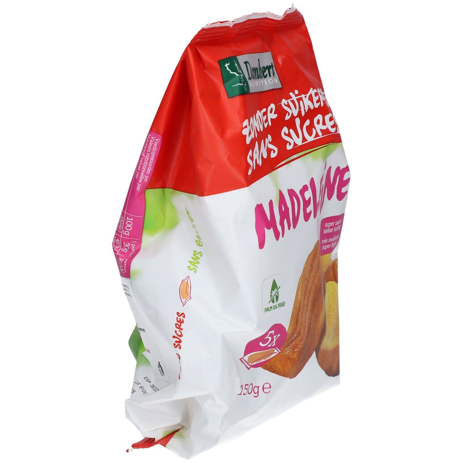 Verpackung mit Madeleines. Aufschrift: Damhert, Zonder Suikers, Sans Sucres. 150g. Palmölfrei. Seitenansicht.