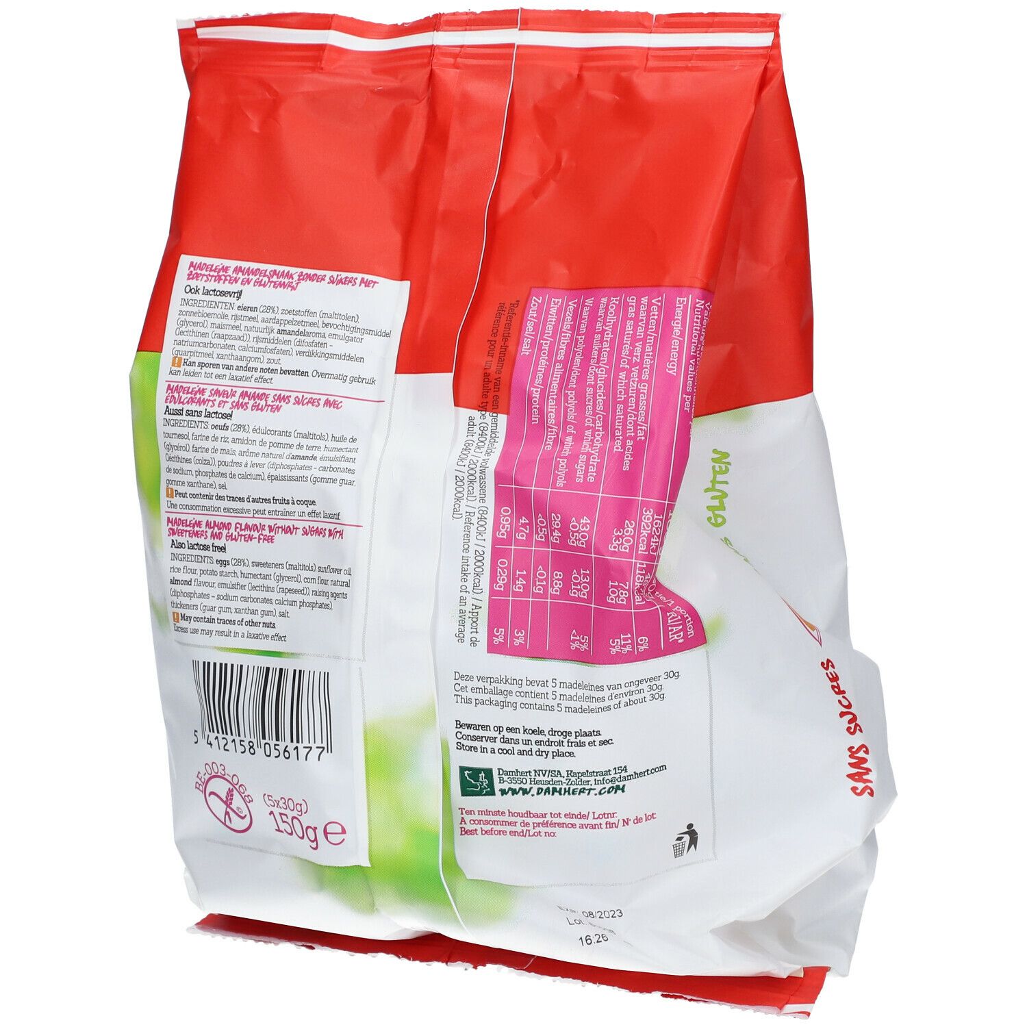 Rückseite der Madeleines-Verpackung. Aufschrift: Damhert, Zonder Suikers, Sans Sucres. Nährwertangaben. 150g.