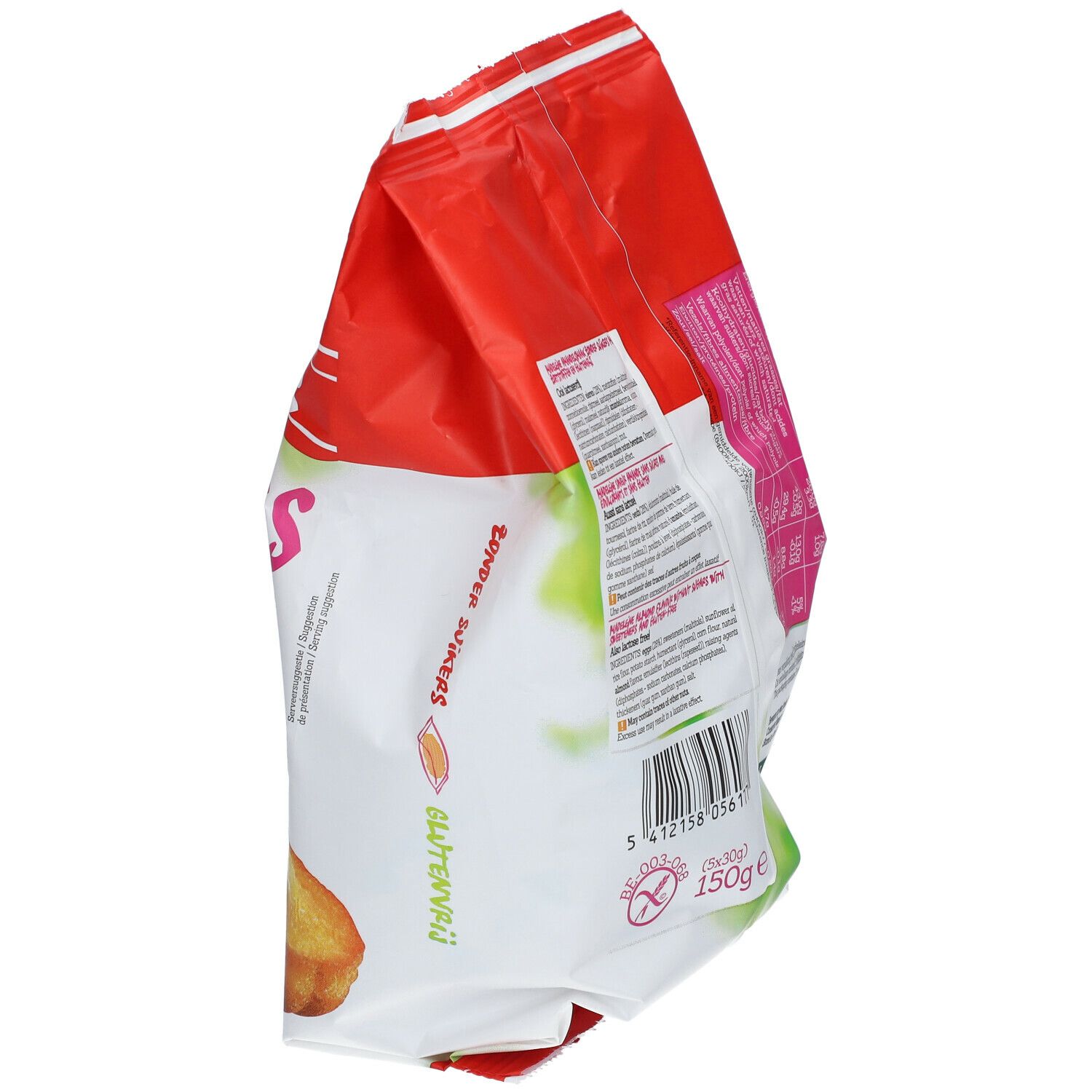 Madeleines-Verpackung. Aufschrift: Damhert, Zonder Suikers, Sans Sucres. Glutenfrei. 150g. Seitenansicht.