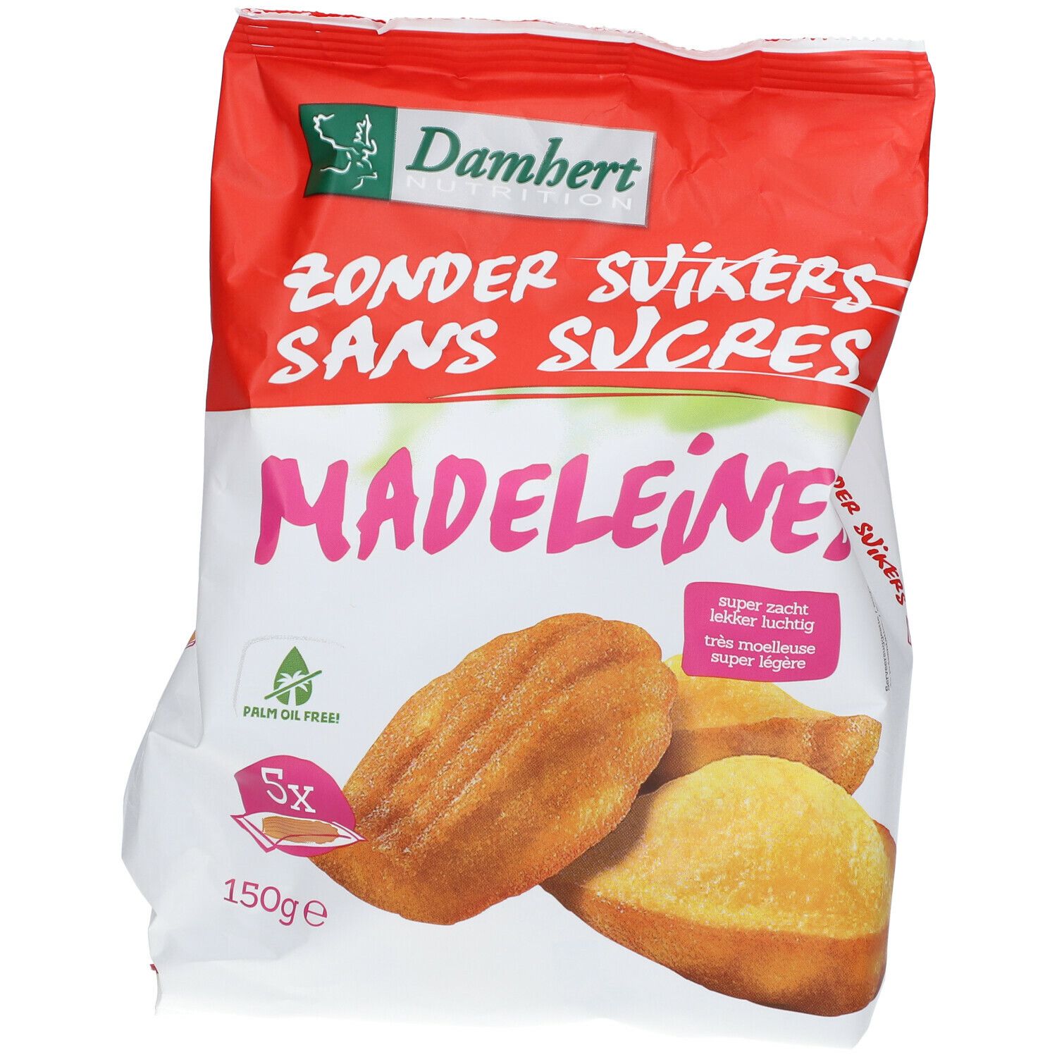 Verpackung mit Madeleines. Aufschrift: Damhert, Zonder Suikers, Sans Sucres. 150g. Palmölfrei. 5 Stück.
