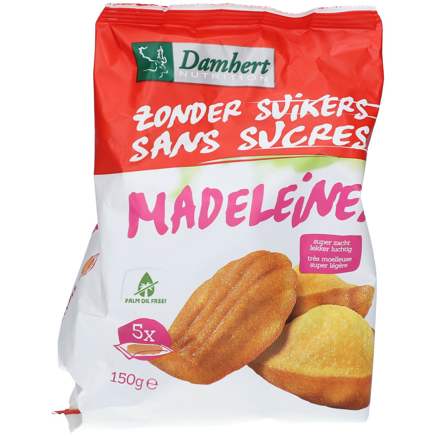Verpackung mit Madeleines. Aufschrift: Damhert Nutrition, Zonder Suikers, Sans Sucres. 150g. Palmölfrei. 5 Stück.