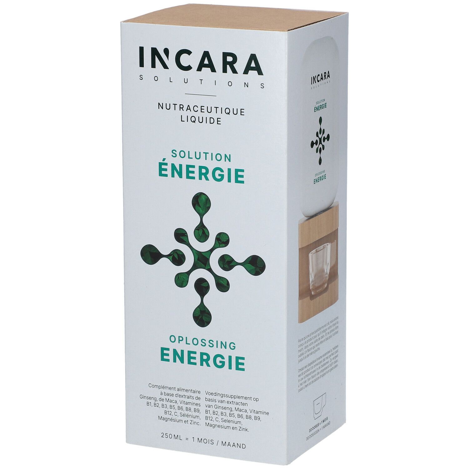 Boîte en carton avec nom et logo du produit. Inscription : Solution Energie. 250ml.
