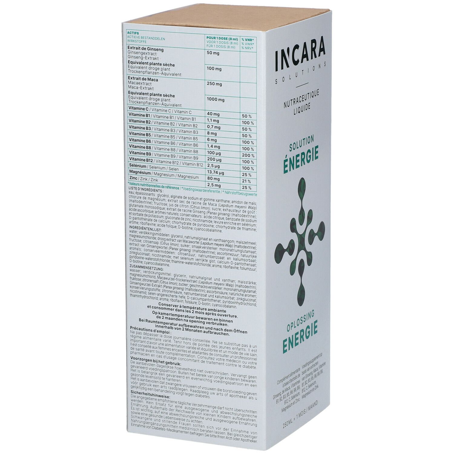 Dos de l'emballage avec liste des ingrédients et tableau nutritionnel. Contient ginseng, maca, vitamines et minéraux.