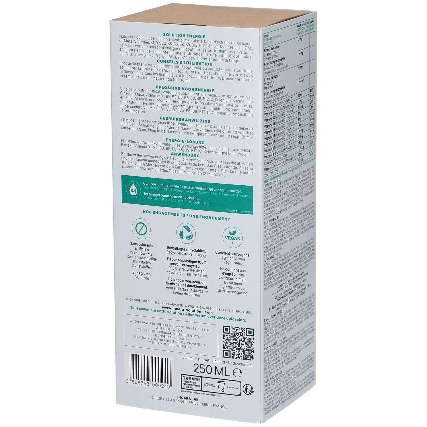Dos de l'emballage avec instructions d'utilisation et informations sur les ingrédients. Contient 250ml.