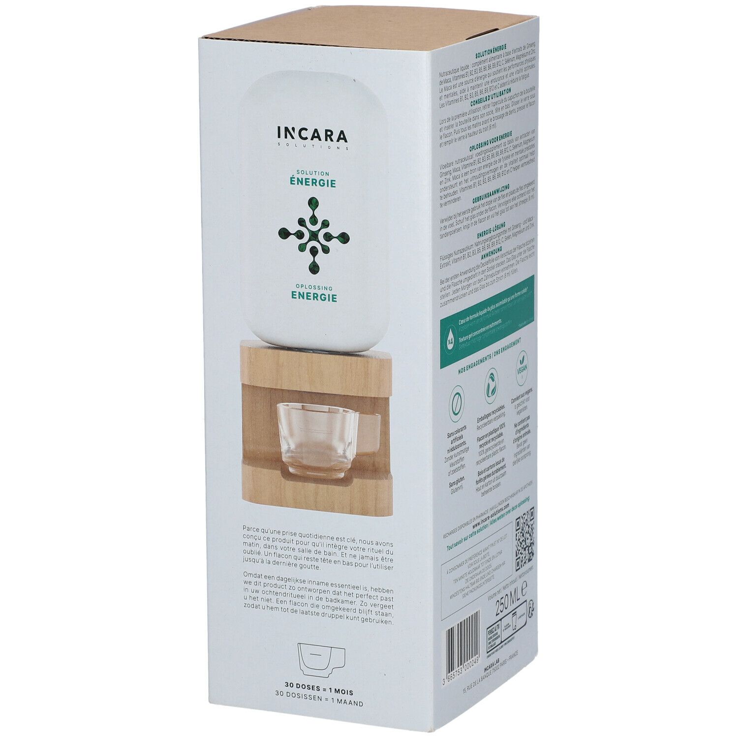 Emballage du produit avec verre et support en bois. Inscription : Solution Energie. 250ml.