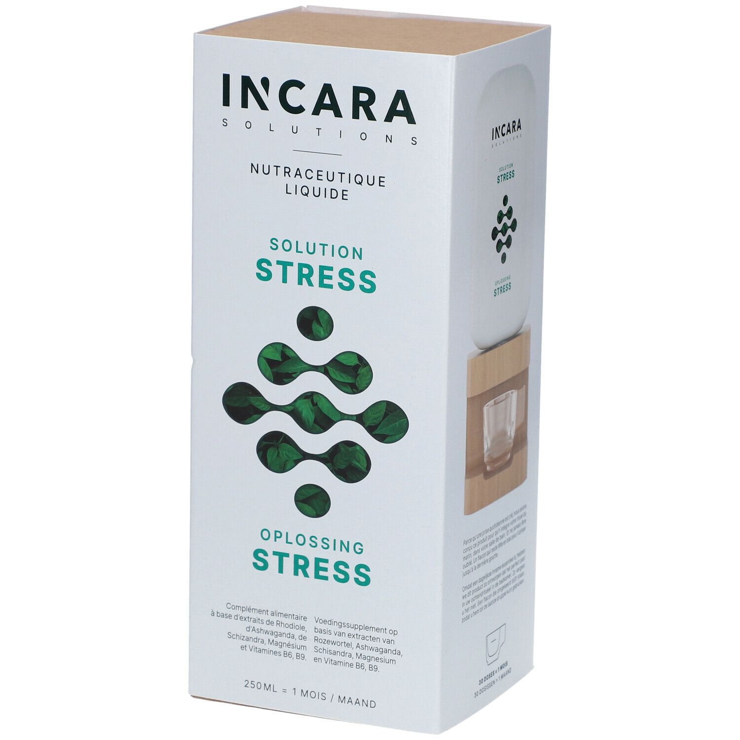 Witte doos met "INCARA SOLUTIONS" en "SOLUTION STRESS" in groen. 250ml, 1 maand.
