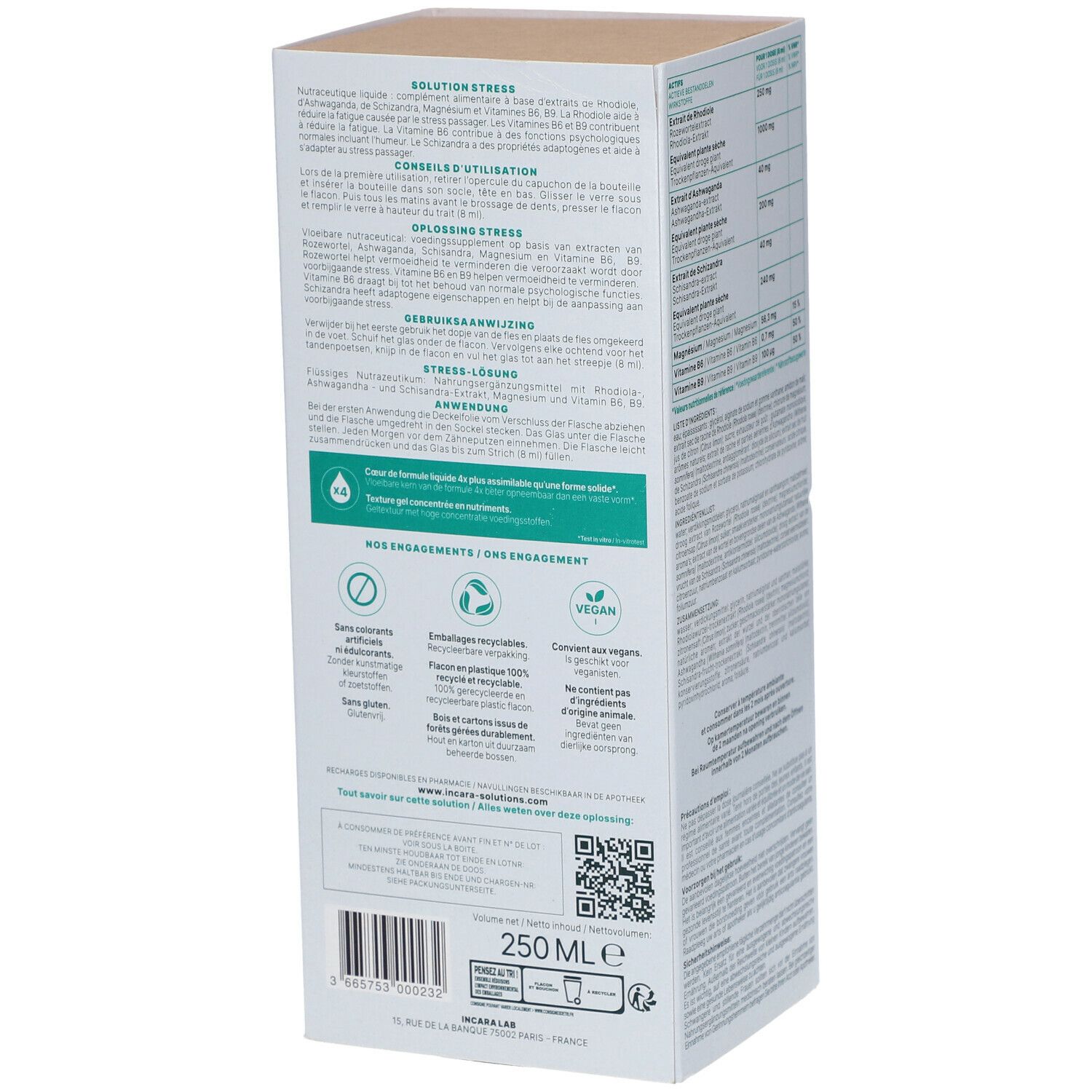 Achterkant van de verpakking met tekst, QR-code en logo's. Bevat informatie over ingrediënten en duurzaamheid.