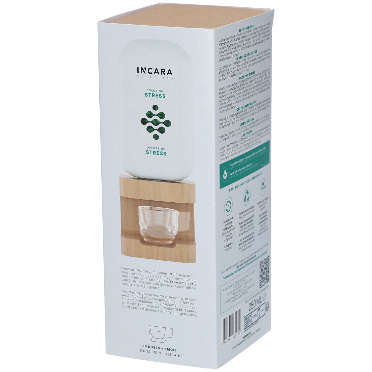 Verpakking met glazen container. "INCARA SOLUTIONS" en "SOLUTION STRESS" in groen. 250ml, 1 maand.