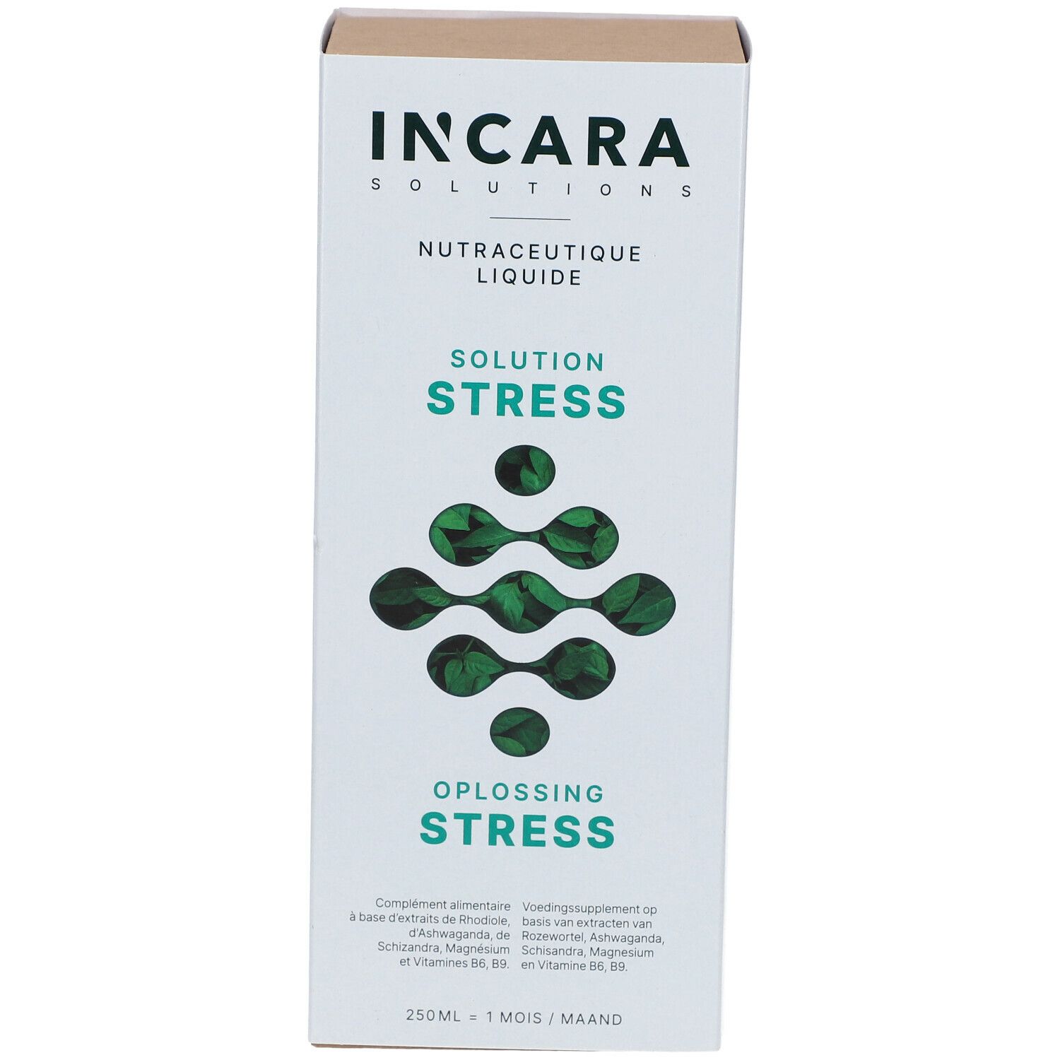 Witte kartonnen verpakking met "INCARA SOLUTIONS" en "SOLUTION STRESS" in groen. 250ml, 1 maand.