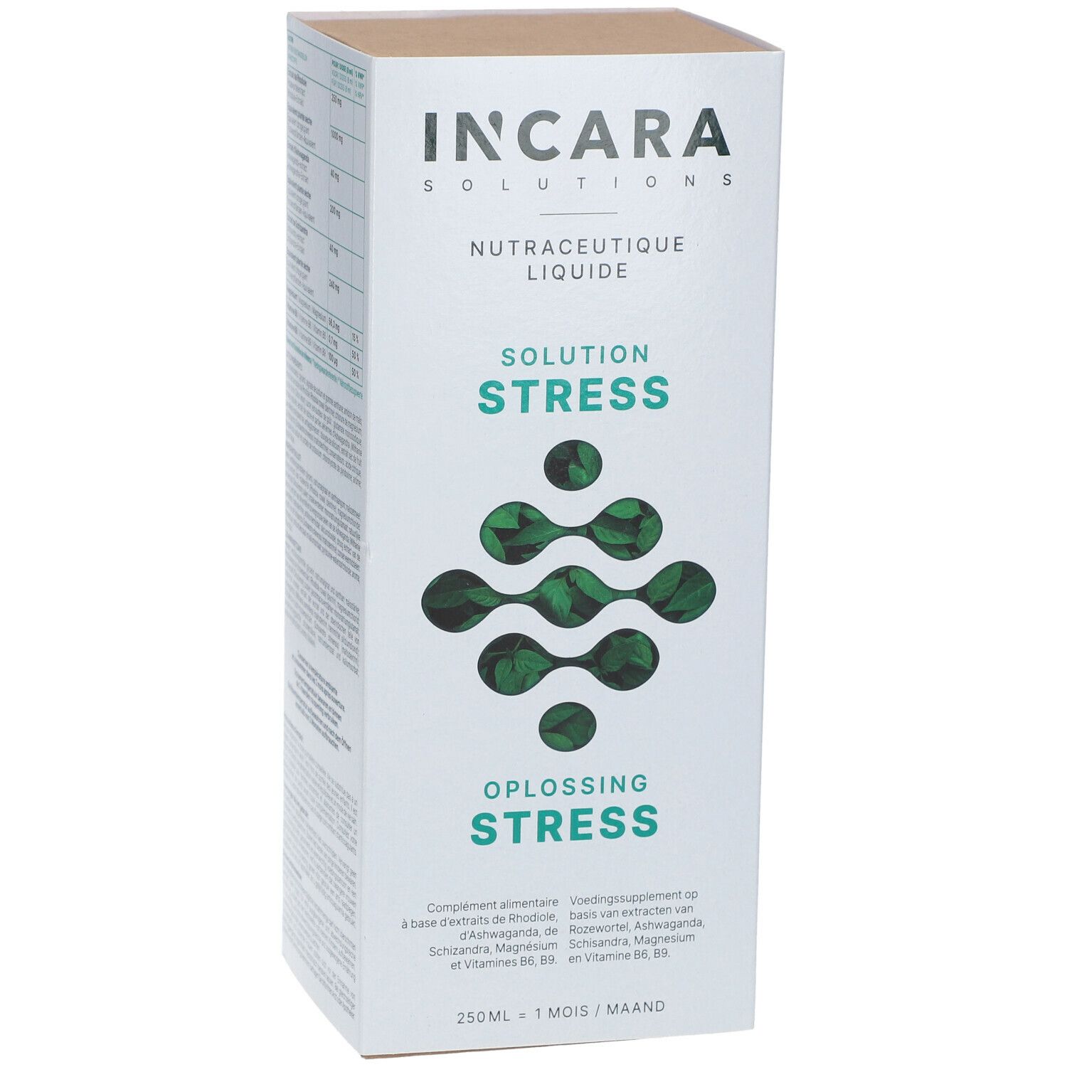 Witte kartonnen verpakking met "INCARA SOLUTIONS" en "SOLUTION STRESS" in groen. 250ml, 1 maand.