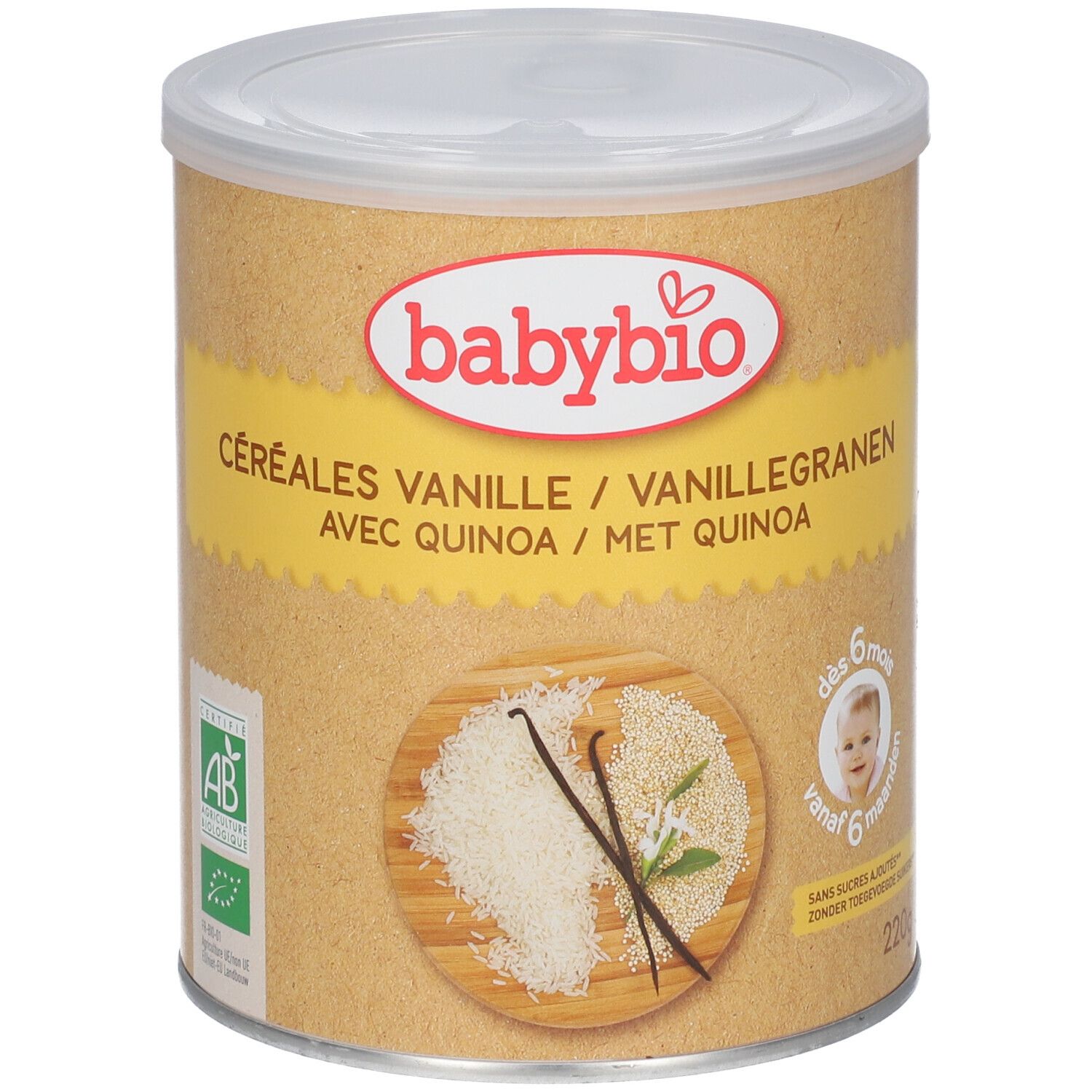 Boîte de céréales Babybio à la vanille et quinoa. Inscriptions : logo, AB, dès 6 mois, illustration produit.