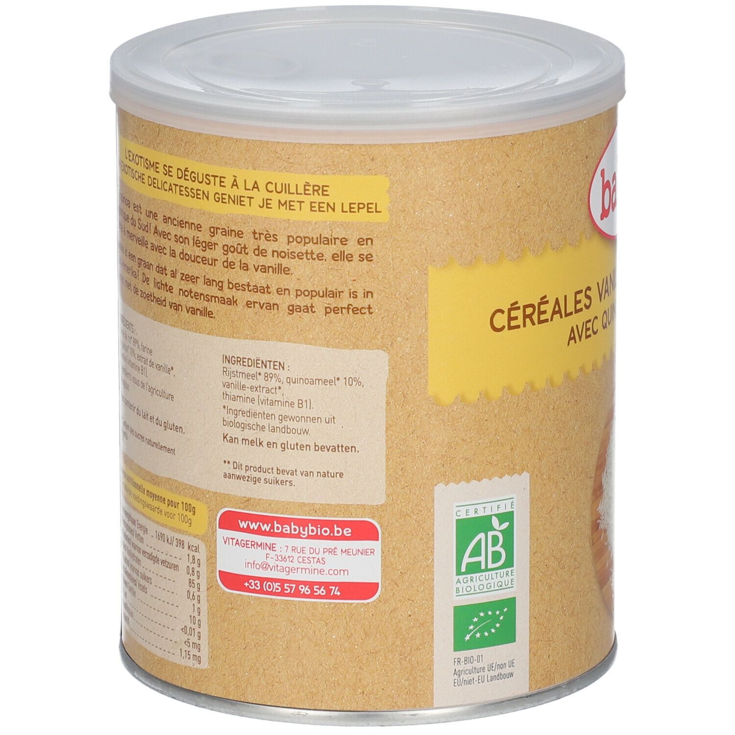 Dos de la boîte de céréales Babybio. Texte : ingrédients, valeurs nutritionnelles, logo AB, coordonnées.
