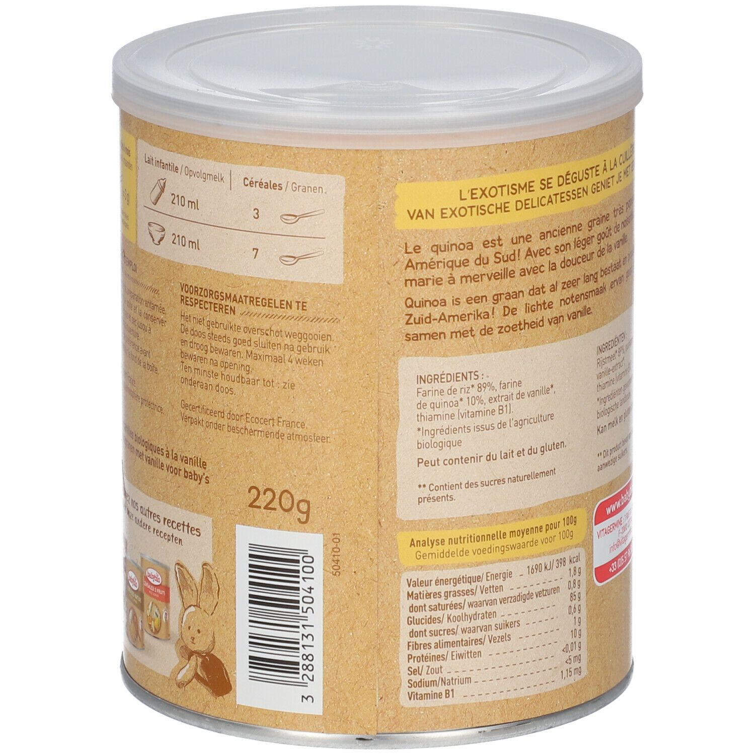 Dos de la boîte de céréales Babybio. Texte : instructions, valeurs nutritionnelles, 220g, logo AB.