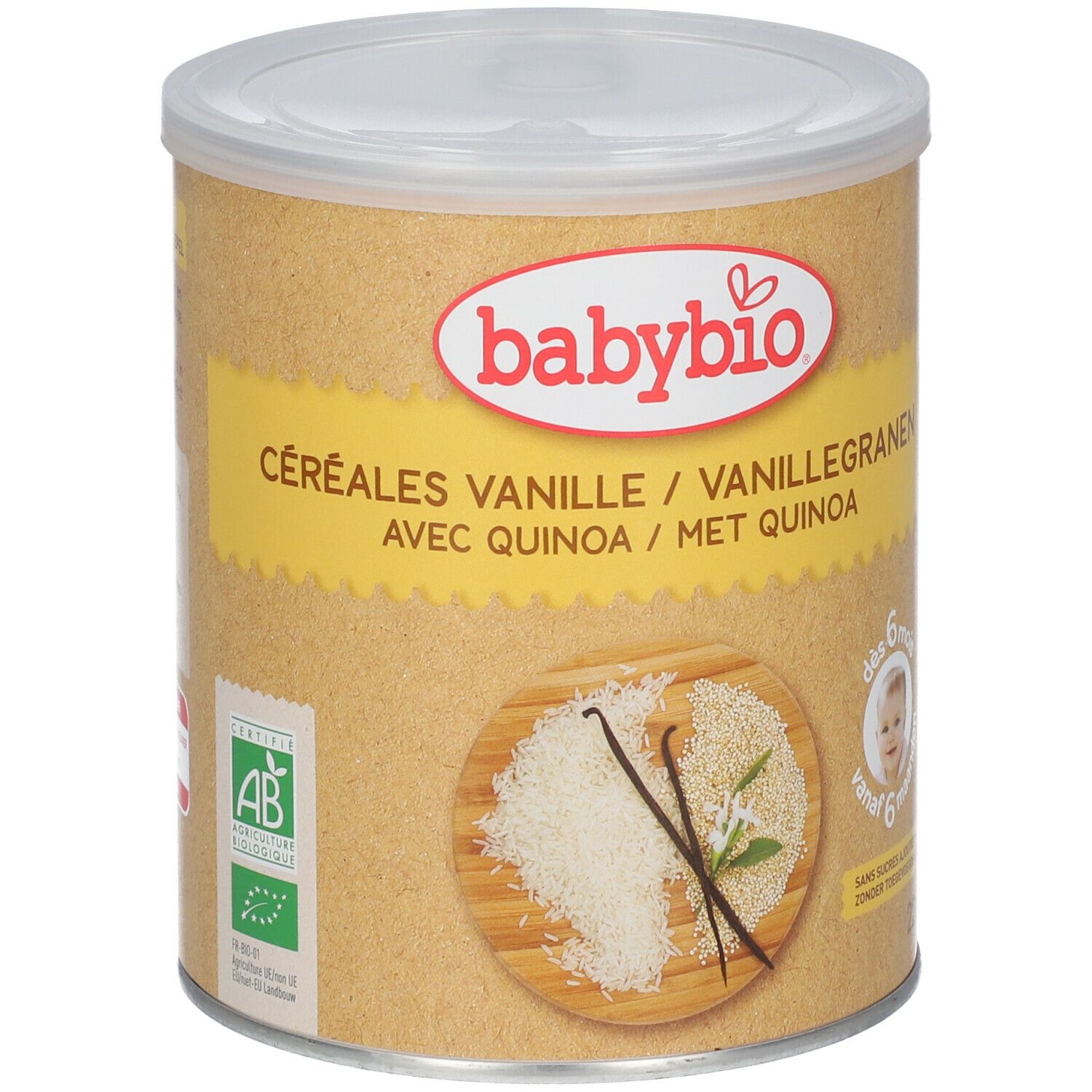 Boîte de céréales Babybio à la vanille et quinoa. Inscriptions : logo, AB, dès 6 mois, illustration produit.