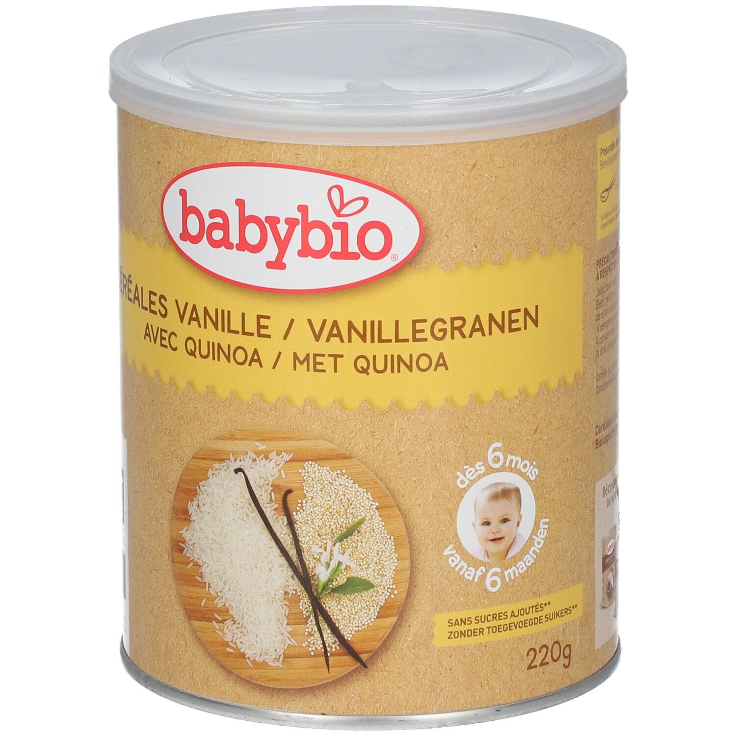 Boîte de céréales Babybio à la vanille et quinoa. Inscriptions : logo, AB, dès 6 mois, illustration produit.