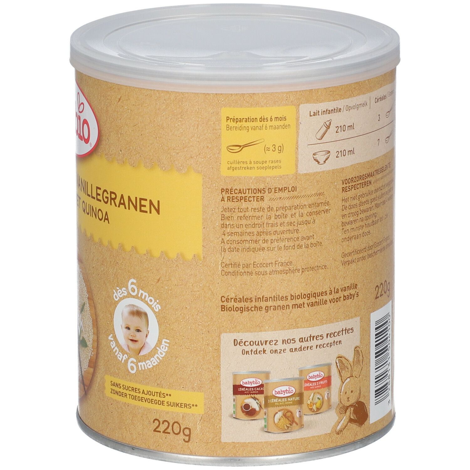 Dos de la boîte de céréales Babybio. Texte : instructions, valeurs nutritionnelles, 220g, logo AB.
