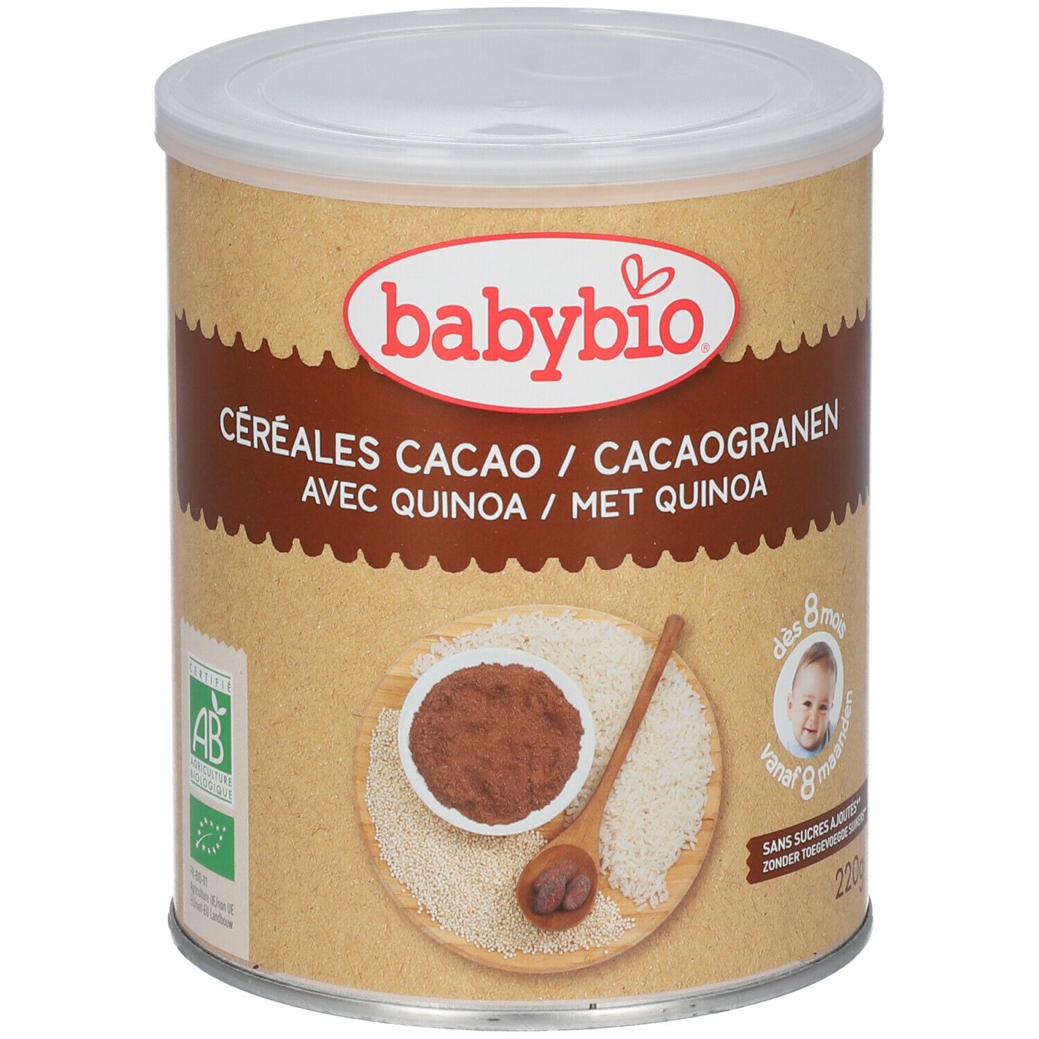 Ronde Babybio-doos, cacao-granen met quinoa. AB-logo. Vanaf 8 maanden. Illustratie cacao.