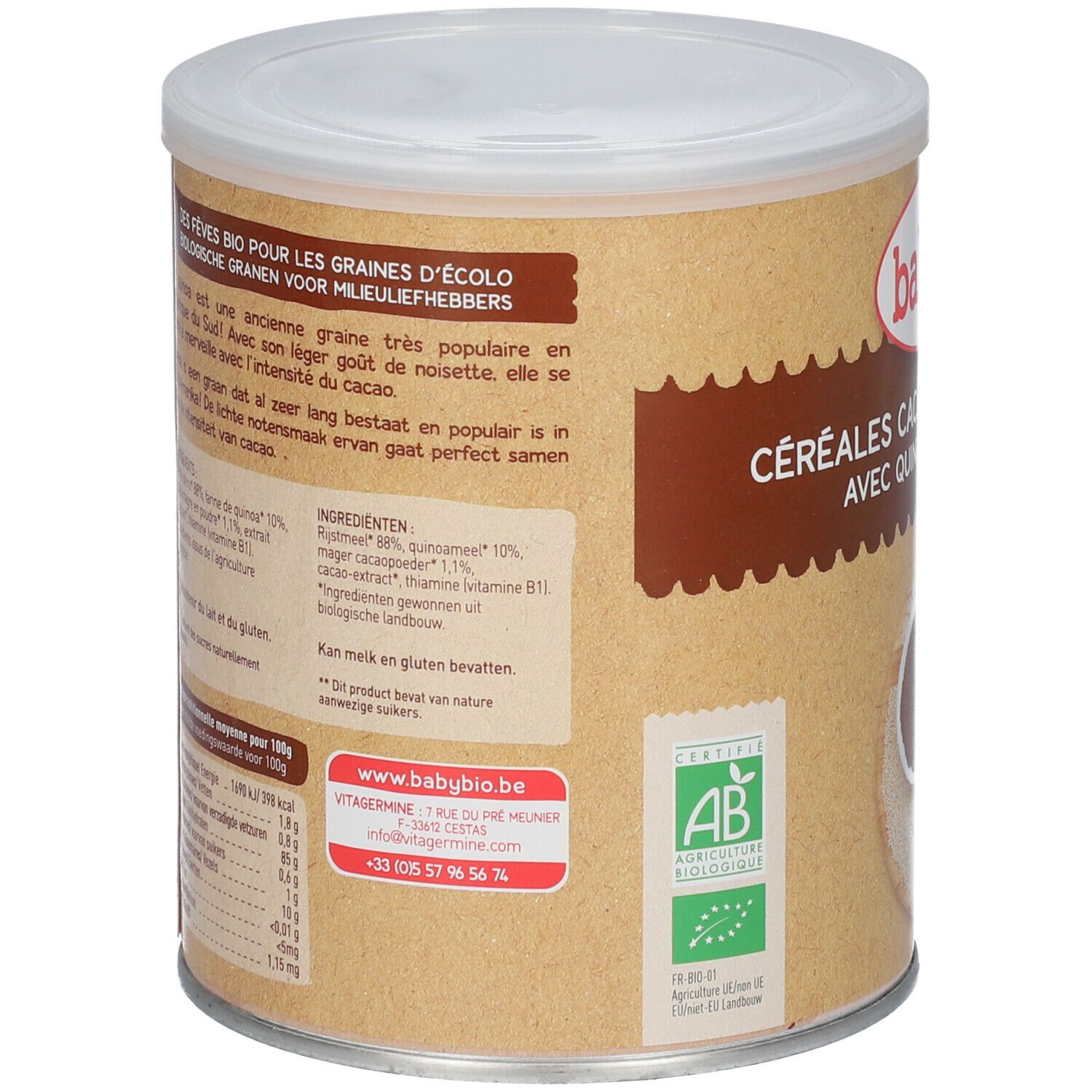 Achterkant van de doos. Ingrediëntenlijst, voedingswaarde, AB-logo. Babybio-logo en contactgegevens.