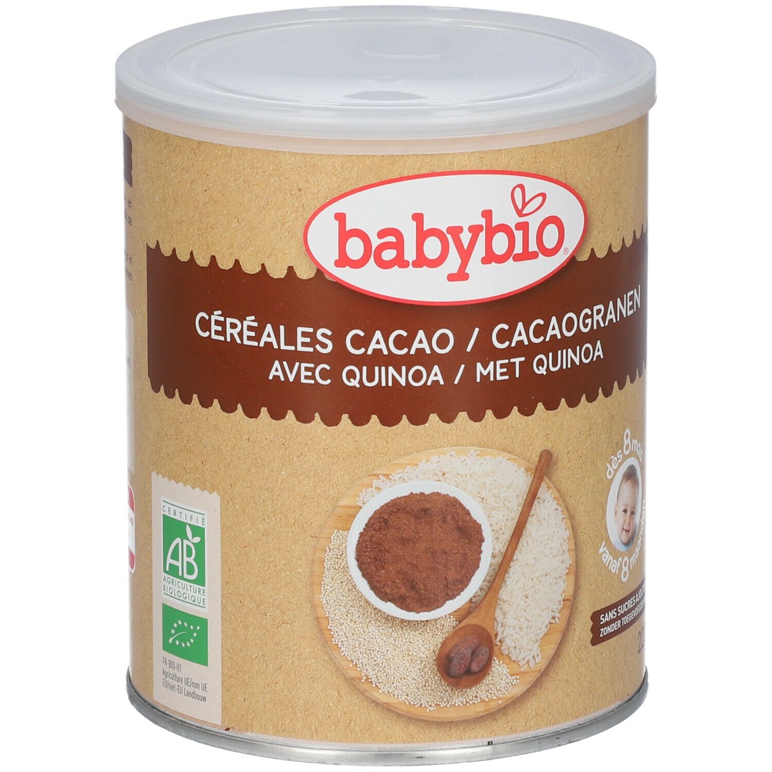 Ronde Babybio-doos, cacao-granen met quinoa. AB-logo. Vanaf 8 maanden. Illustratie cacao.