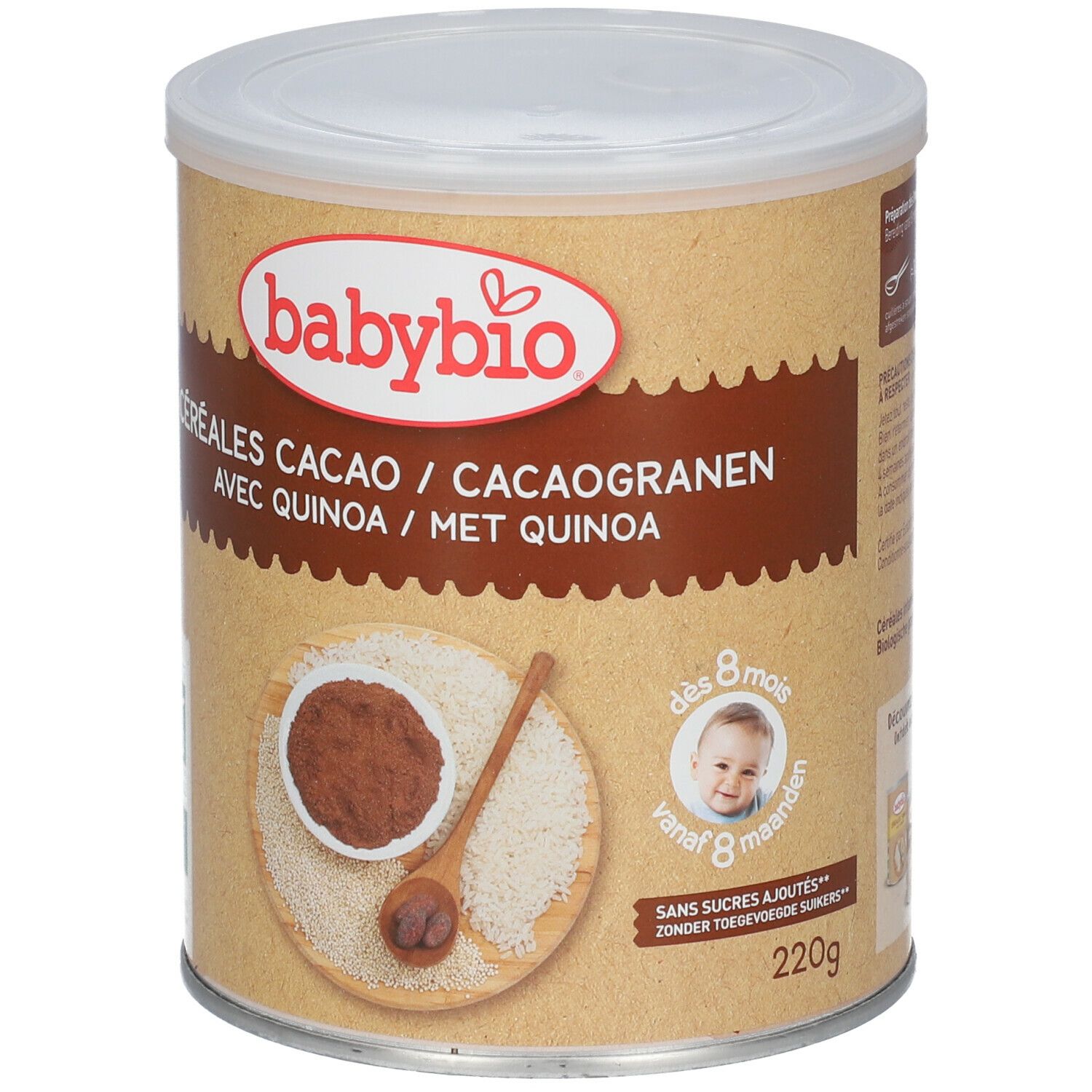 Ronde Babybio-doos, cacao-granen met quinoa. Vanaf 8 maanden. Zonder toegevoegde suikers. 220g.