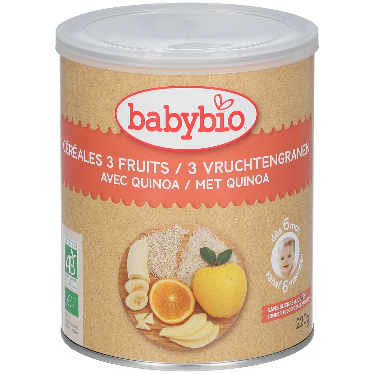 Ronde Babybio-doos, Céréales 3 Fruits met quinoa. Illustratie van fruit. AB bio-label. Vanaf 6 maanden.