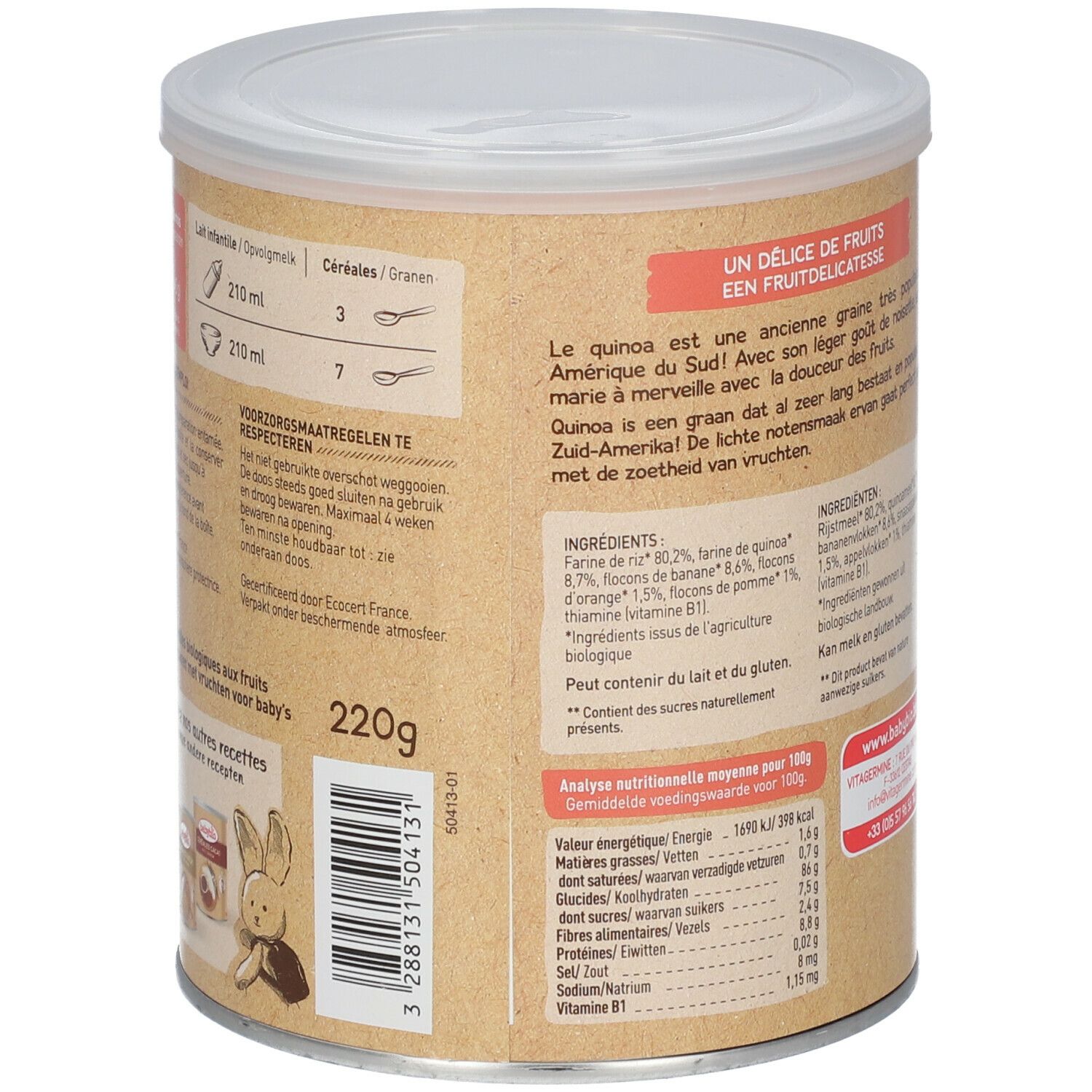Achterkant van de doos. Bereidingsinstructies. Voedingswaarde-informatie. Babybio-logo. 220g. AB bio-label.
