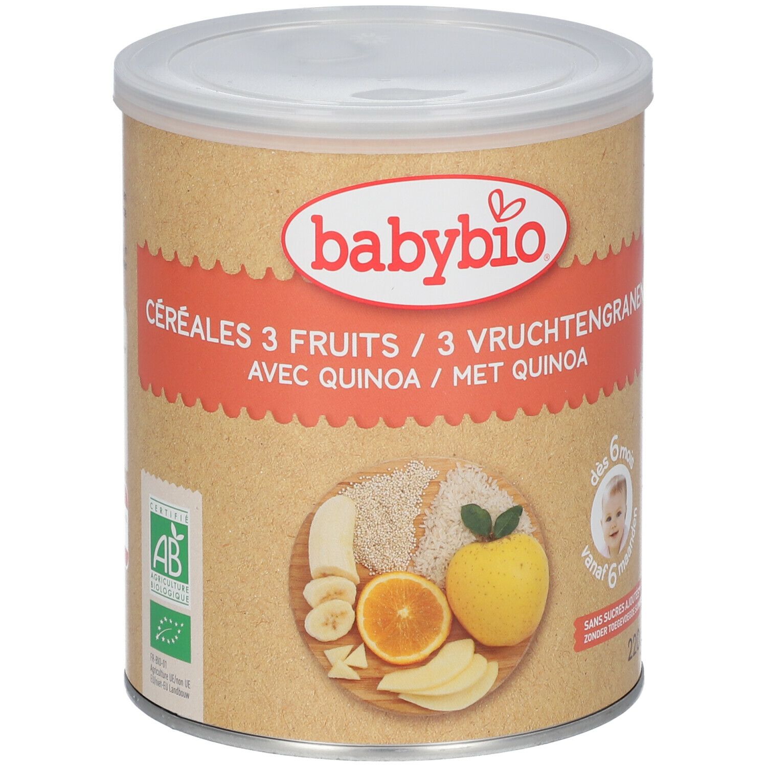 Ronde Babybio-doos, Céréales 3 Fruits met quinoa. Illustratie van fruit. AB bio-label. Vanaf 6 maanden.