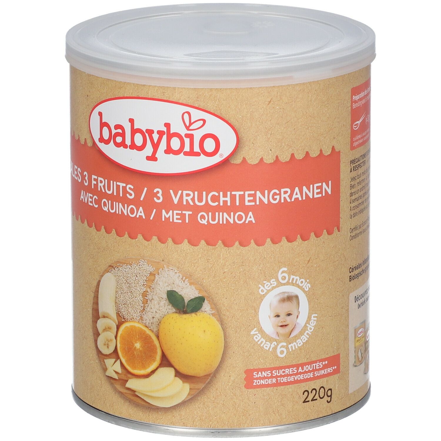 Ronde Babybio-doos, Céréales 3 Fruits met quinoa. Illustratie van fruit. AB bio-label. Vanaf 6 maanden.