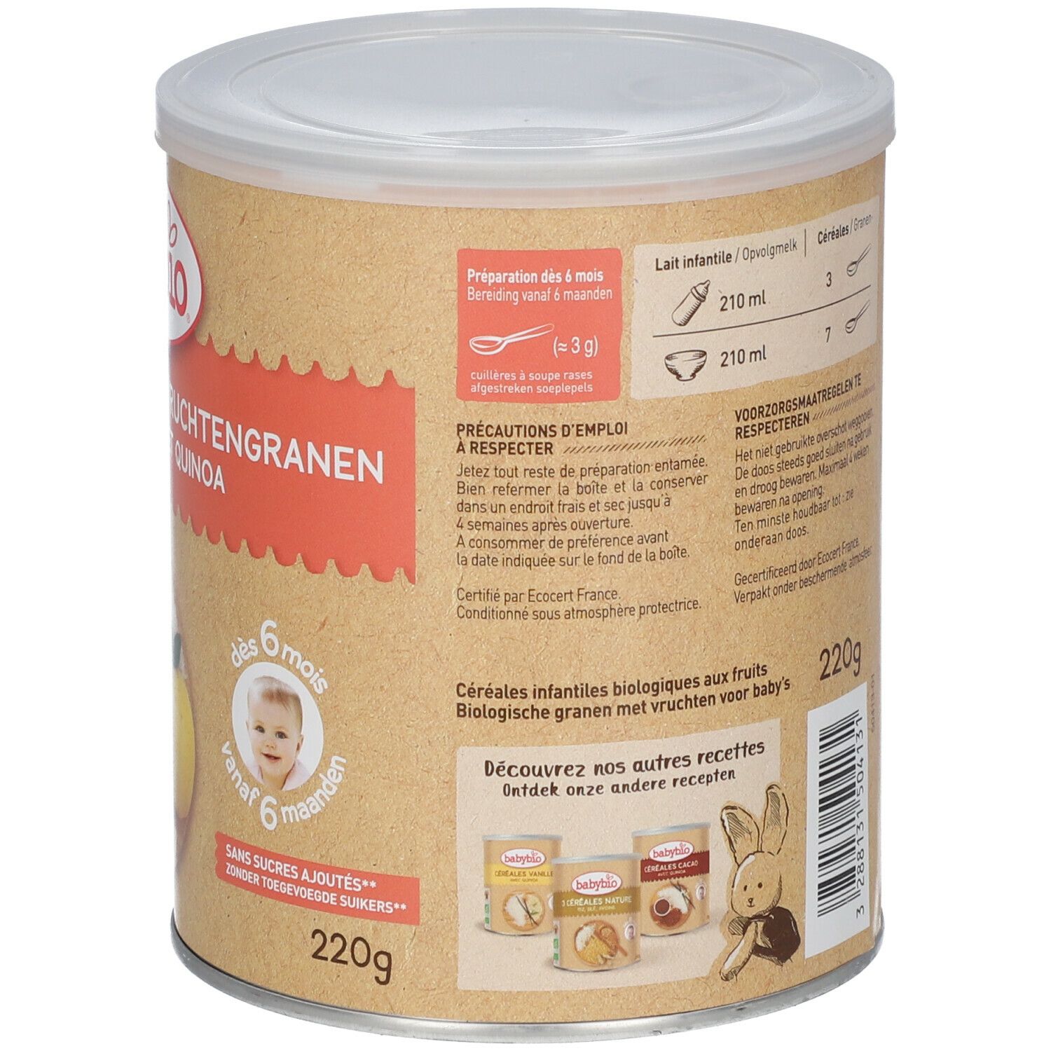 Achterkant van de doos. Bereidingsinstructies. Voedingswaarde-informatie. Babybio-logo. 220g. AB bio-label.