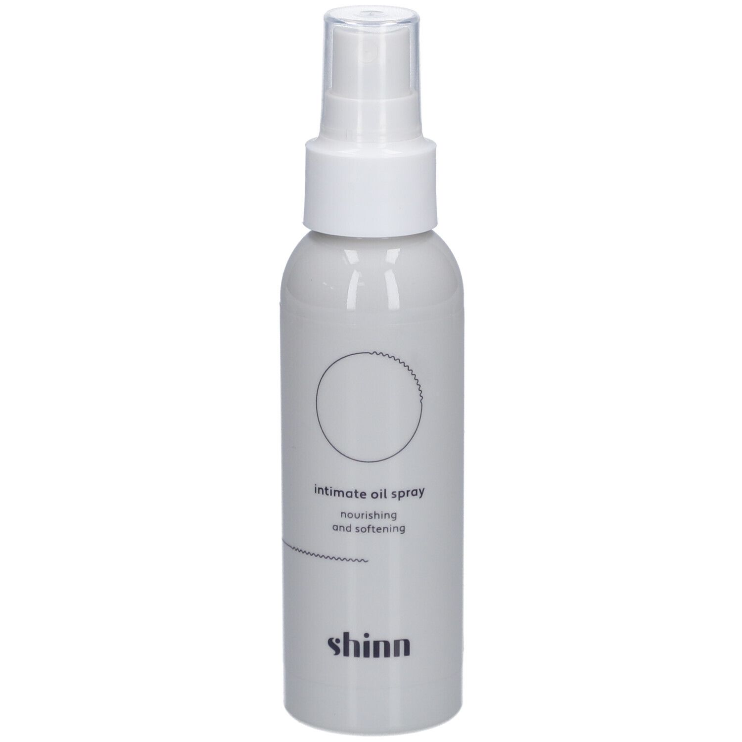 Weißes Spray mit Sprühkopf. Beschriftung: intimate oil spray, nourishing and softening. Marke: shinn.