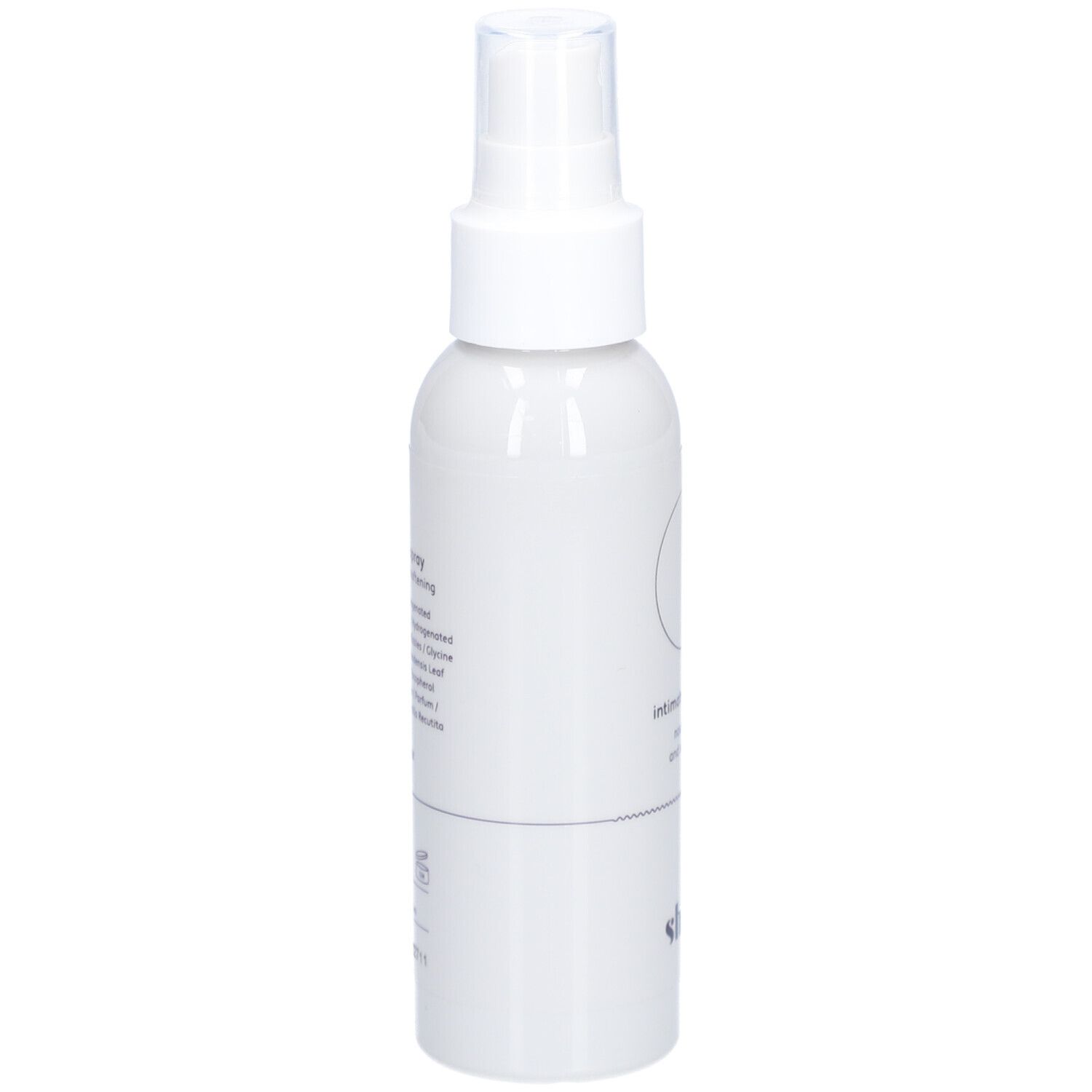 Weißes Spray mit Sprühkopf. Aufschrift: intimate oil spray, nourishing and softening. Marke: shinn. Rückseite mit Text.