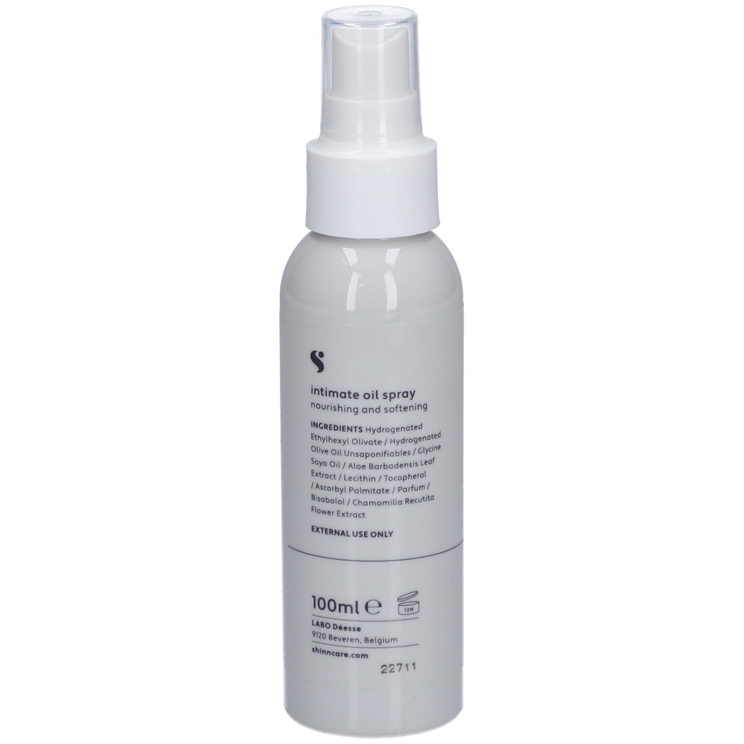 Weißes Spray mit Sprühkopf. Aufschrift: intimate oil spray, nourishing and softening. Marke: shinn. 100ml. Inhaltsstoffe.
