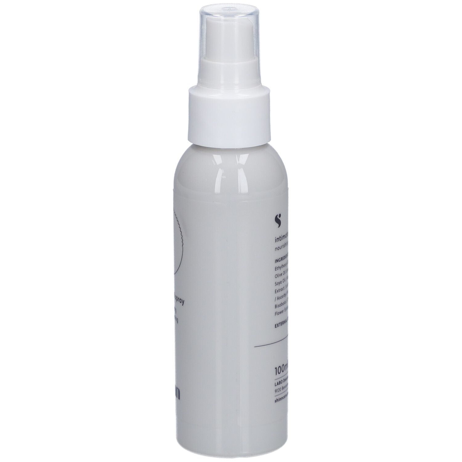 Weißes Spray mit Sprühkopf. Aufschrift: intimate oil spray, nourishing and softening. Marke: shinn. 100ml. Rückseite.