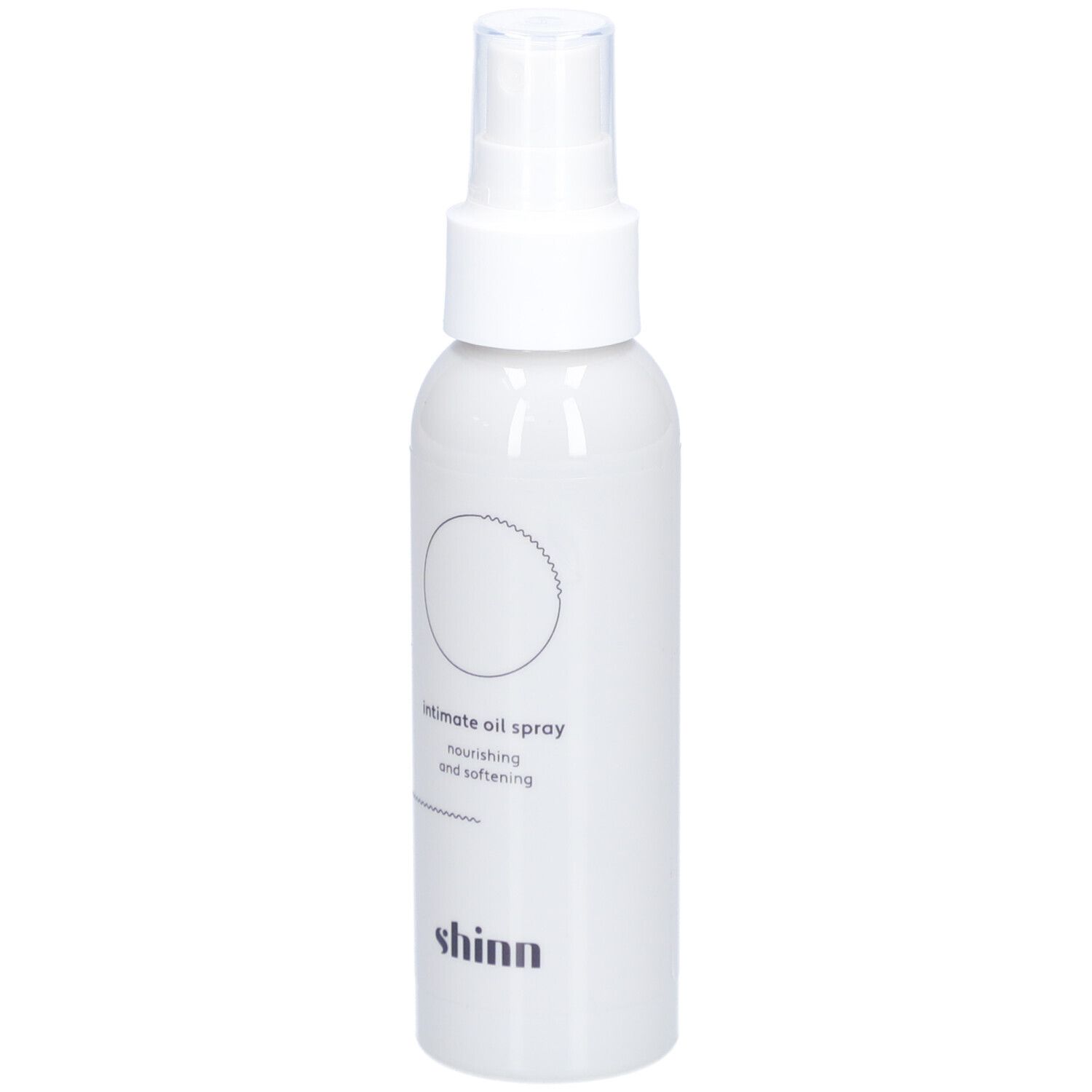 Weißes Spray mit Sprühkopf. Aufschrift: intimate oil spray, nourishing and softening. Marke: shinn.