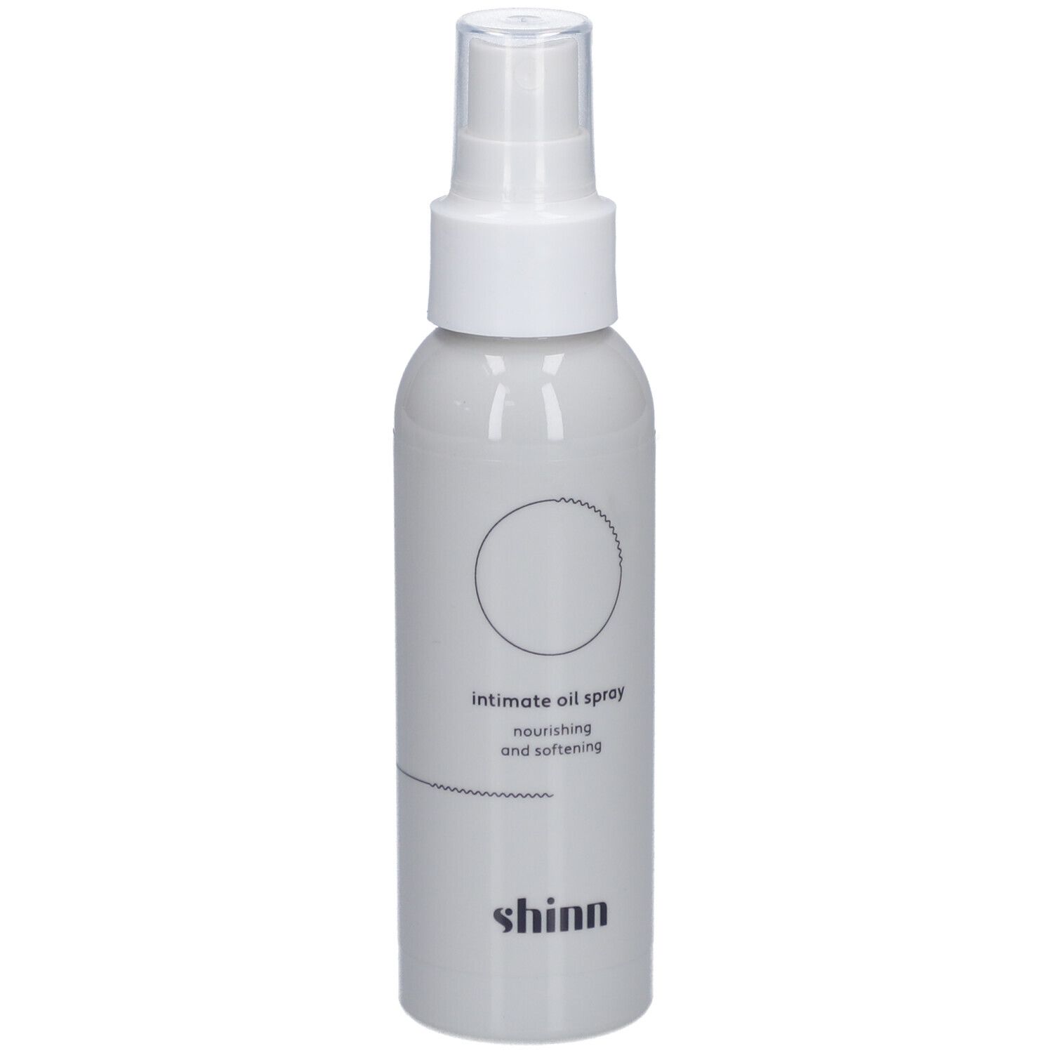 Weißes Spray mit Sprühkopf. Aufschrift: intimate oil spray, nourishing and softening. Marke: shinn.